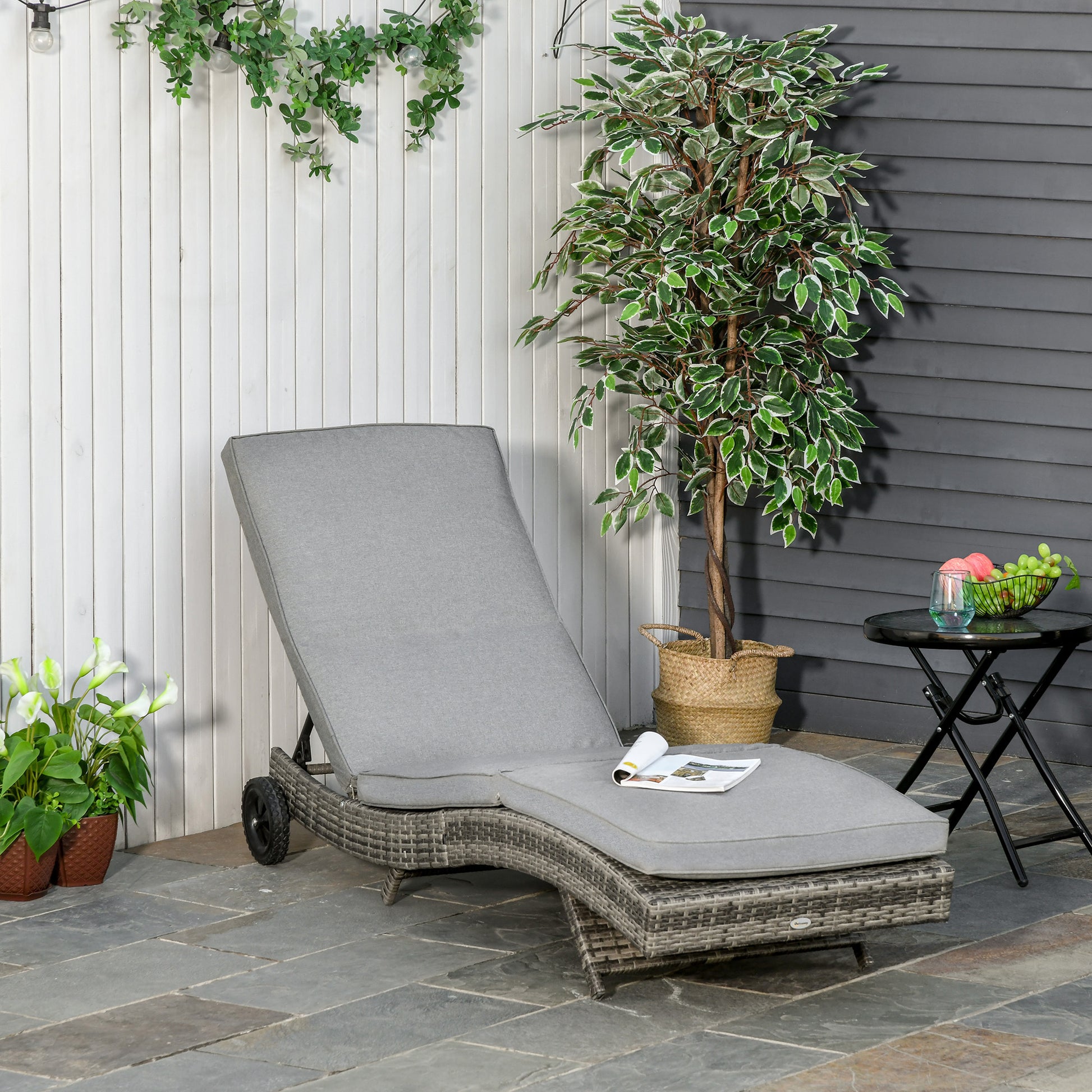 Outsunny Chaise Lounge Pool Chair, Outdoor Pe Rattan Cushioned Patio Sun Lounger W 5 Level Adjustable Backrest & Wheels For Easy Movement, Wicker, Mixed Gray Gray Steel