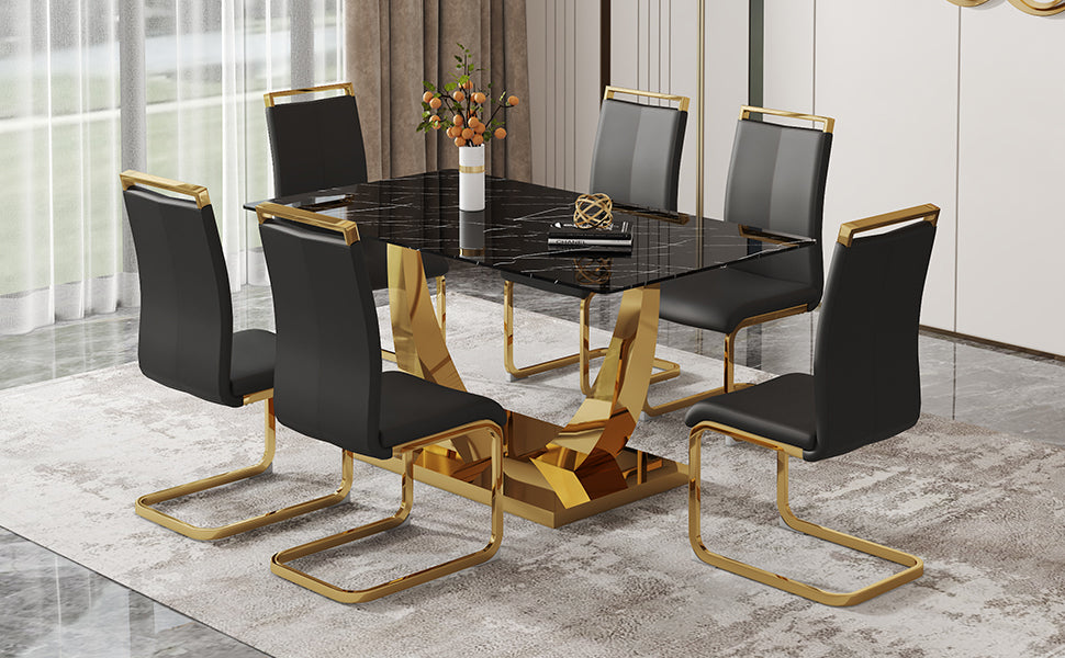 Table And Chair Set.Modern Rectangular Dining Table With Black Textured Stickers Glass Tabletop And Gold Plated Metal Legs.Paried With 6 Comfortable Chairs With Pu Seats And Golden Metal Legs. Black Gold Seats 6 Glass Metal