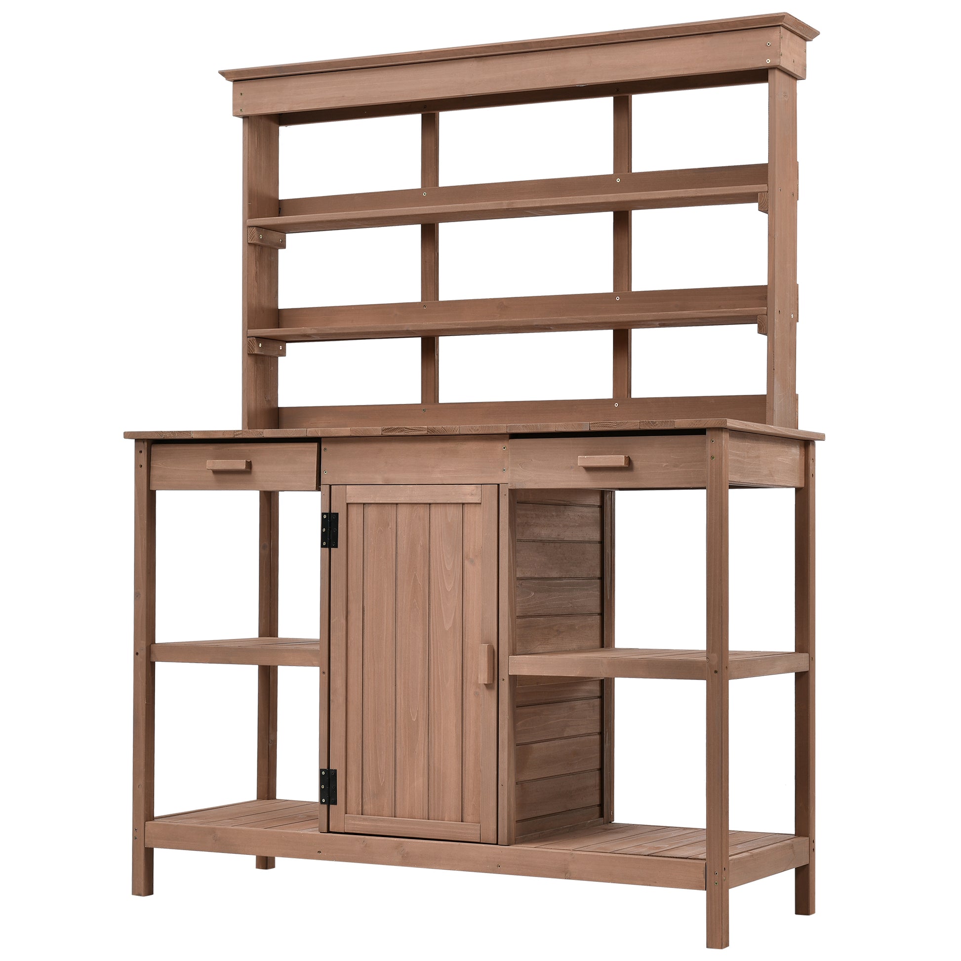 66" Large Outdoor Farmhouse Wooden Potting Bench Table, Garden Workstation With 2 Drawers, Cabinet And Open Shelves For Backyard, Mudroom, Brown Brown Garden & Outdoor Casual Wood Solid Wood