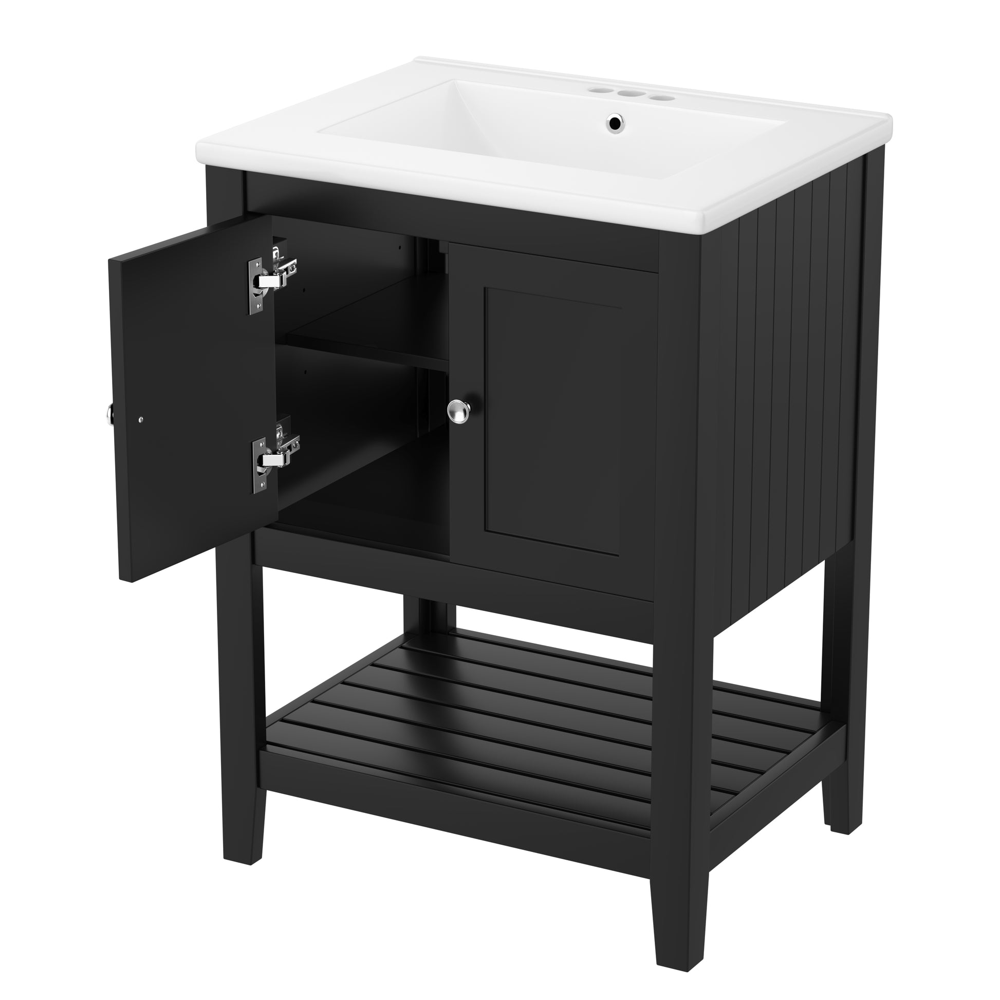 Video 24" Black Modern Sleek Bathroom Vanity Elegant Ceramic Sink With Solid Wood Frame Open Style Shelf Black Solid Wood Mdf