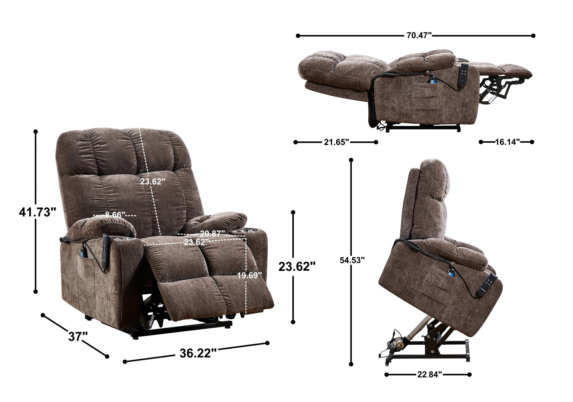 Liyasi Dual Okin Motor Power Lift Recliner Chair For Elderly Infinite Position Lay Flat 180 Recliner With Heat Massage Brown Velvet Power Remote Primary Living Space Soft Cushion Back American Design Beech Pillow Top Arms Foam Fabric