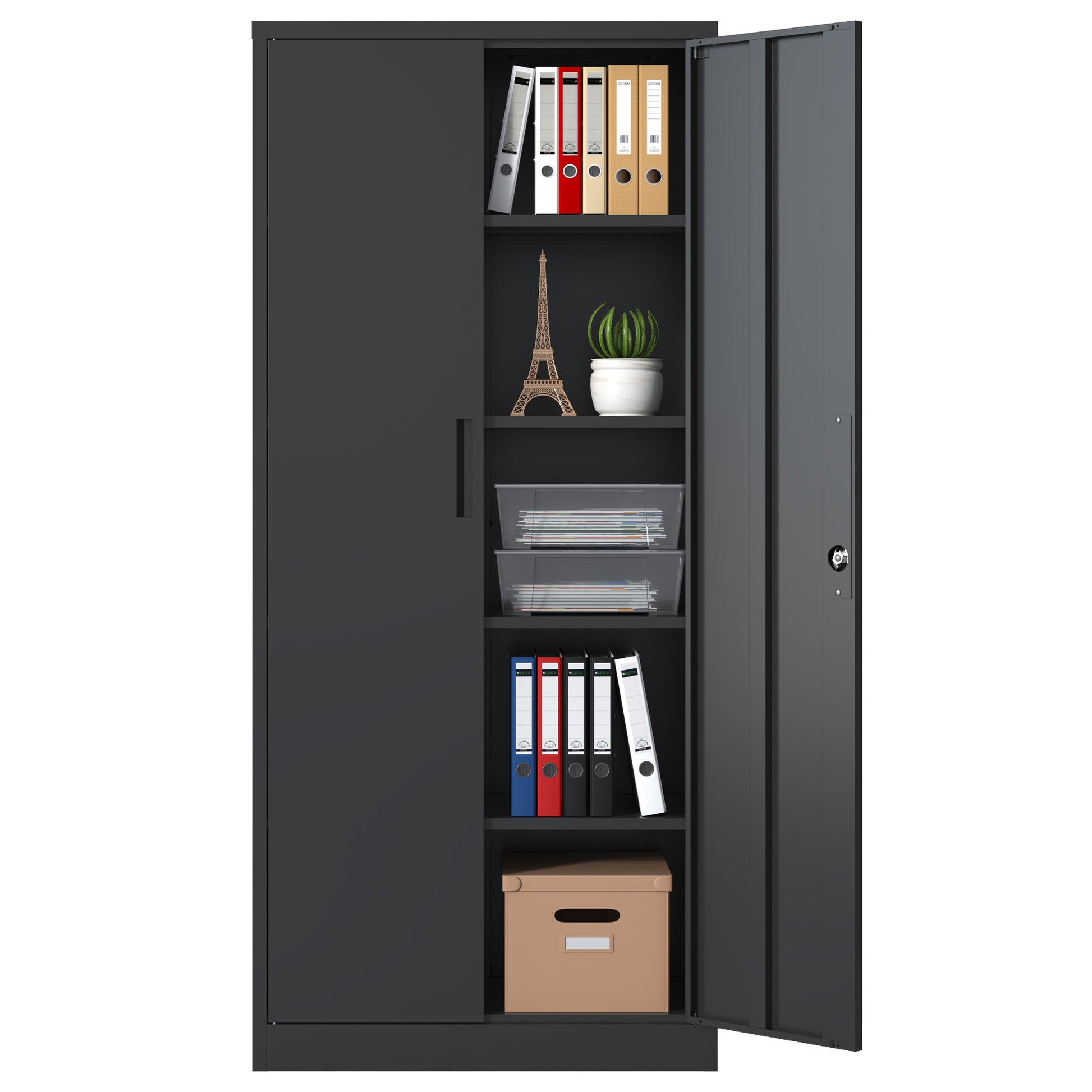 72"H Metal Garage Storage Cabinet, Black Tool Steel Locking Cabinet With Doors And 4 Shelves, Tall Cabinets For Garage Storage Systems Lockable File Cabinet For Home Office, Classroom Pantry Filing Cabinets 3 4 Shelves Black Office Adjustable Shelves