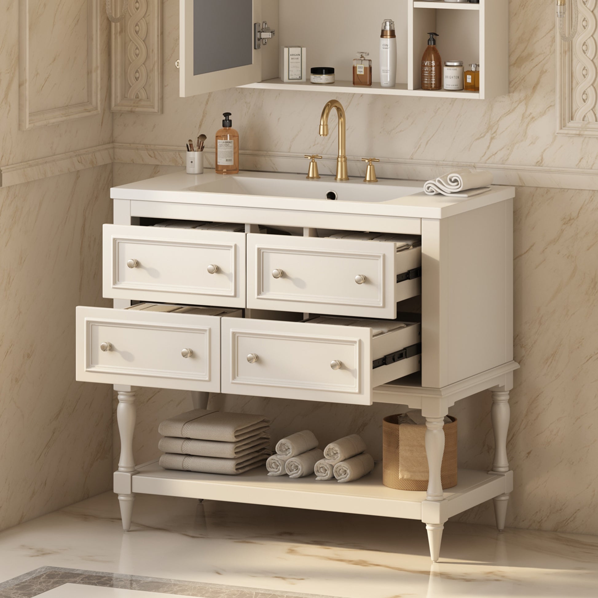 36" Bathroom Vanity Cabinet With Sink Combo Set, Undermount Resin Sink, Free Standing Vanity Set With 4 Drawers, Solid Wood Frame Bathroom Cabinet, Beige 4 Beige 1 Adjustable Hinges Bathroom Freestanding Solid Wood Mdf Resin Painted