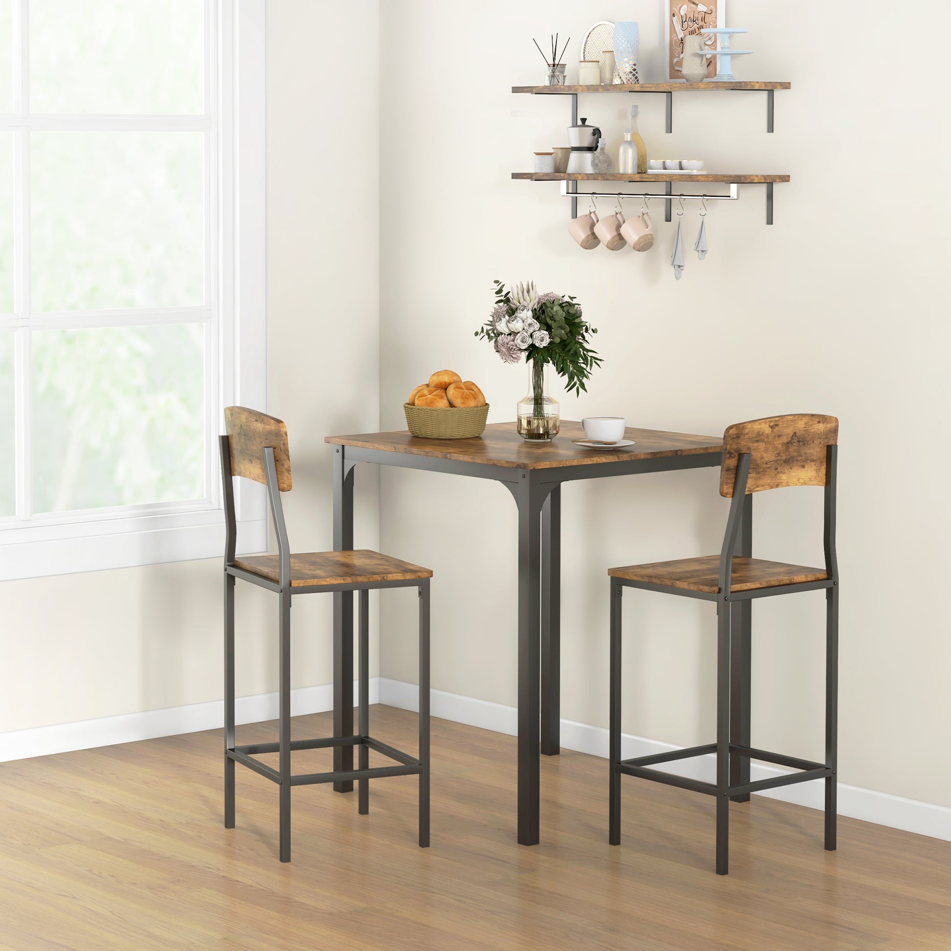 Homcom 3 Piece Counter Height Bar Table And Chairs Set, Industrial Small Dining Table Set For 2, Square Kitchen Table And Stools With Steel Frame, Rustic Brown And Black Brown Black Steel