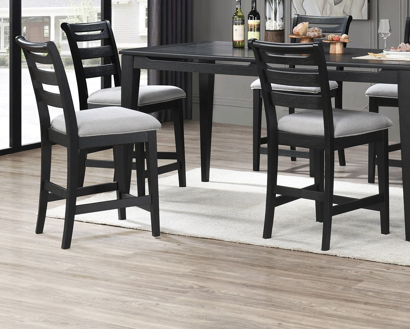 Modern 2Pc Counter Height Dining Chairs Black Color Ladder Back Frame Upholstered Cushion Seat Solid Wood Kitchen Dining Room Black Dining Room Foam Classic,Contemporary,Modern Dining Chairs Rubberwood Ladder Back Set Of 2 Fabric,Rubber Wood
