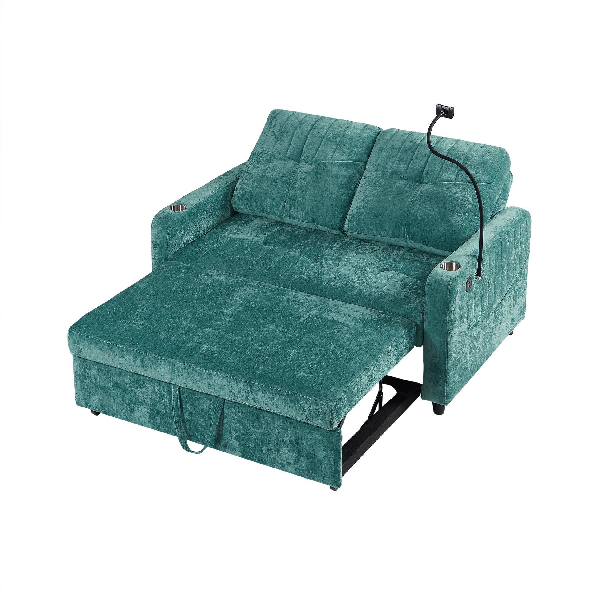 53.9" Modern Loveseat Pull Out Sofa Bed With Adjustable Backrest, Two Cup Holdersa Phone Holder, Three Charging Ports And Side Storage Pockets For Living Room, Teal Teal Foam Chenille