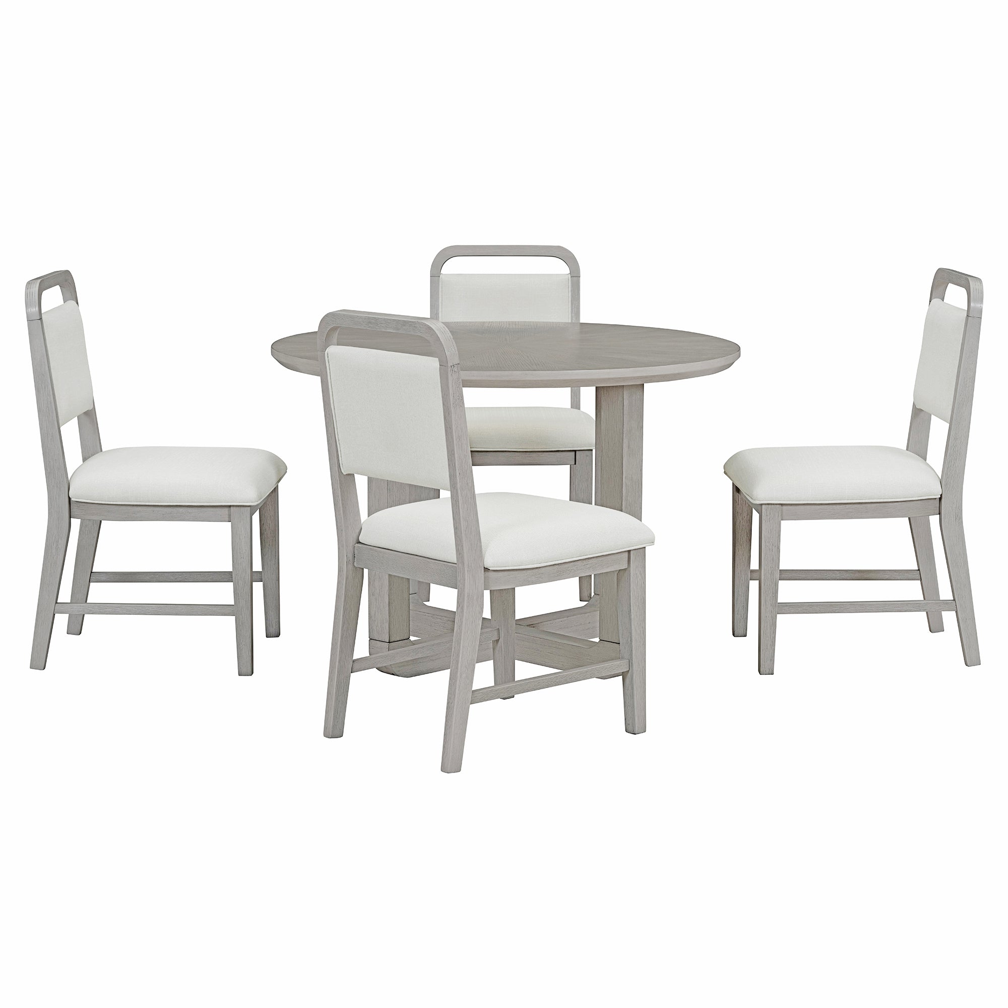 5 Piece Retro Dining Set, Round Table Top With Radial Wood Grain Design And 4 Upholstered Chairs For Dining Room And Kitchen Antique Gray Antique Gray Solid Wood Mdf