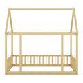 Full Size Floor Wooden Bed With House Roof Frame And Safety Guardrails ,Natural Full Natural Pine