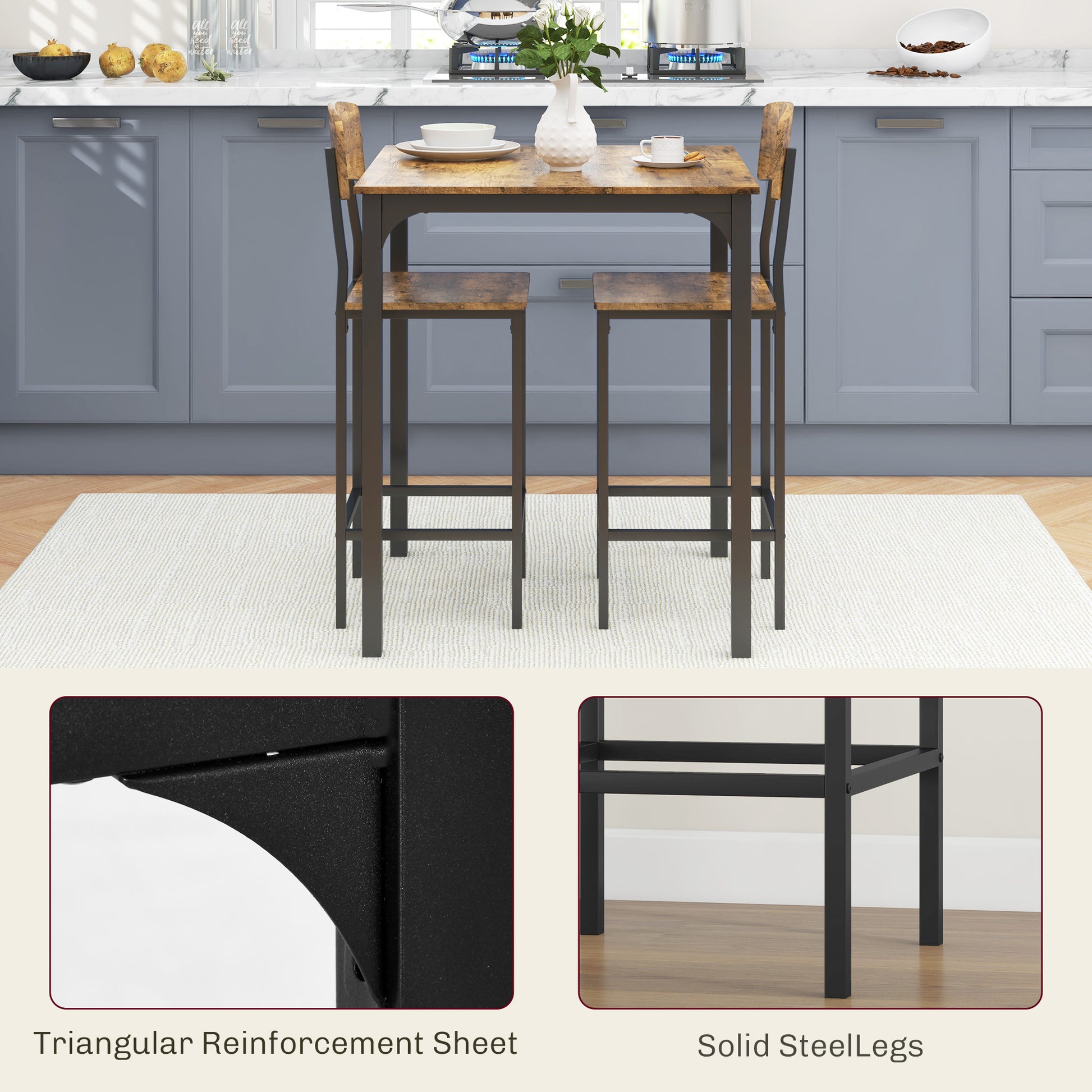 Homcom 3 Piece Counter Height Bar Table And Chairs Set, Industrial Small Dining Table Set For 2, Square Kitchen Table And Stools With Steel Frame, Rustic Brown And Black Brown Black Steel