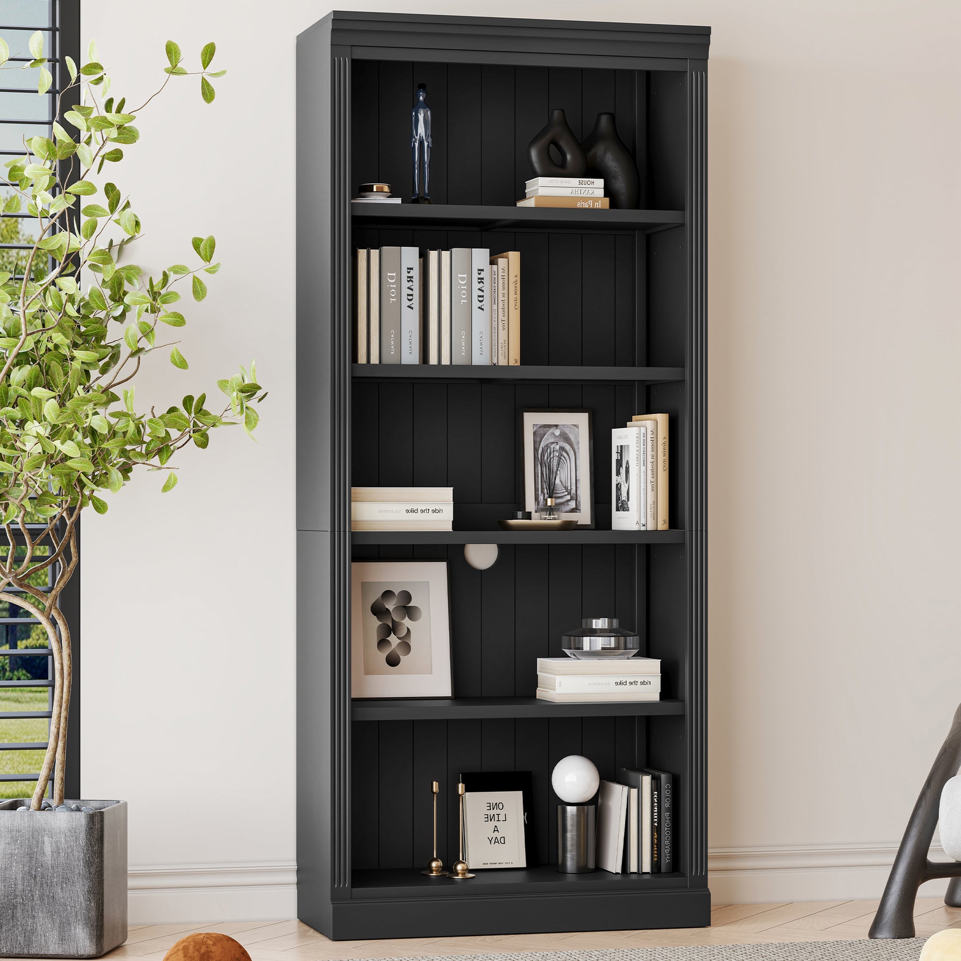 83" Tall Wood Bookcase Suite ,5 Tier Home Decor Bookcase Suite With Adjustable Shelves,Storage Organizer For Cds Books Movies,Free Standing Storage Shelves Suite For Living Room,Office,Black Black Solid Wood Mdf