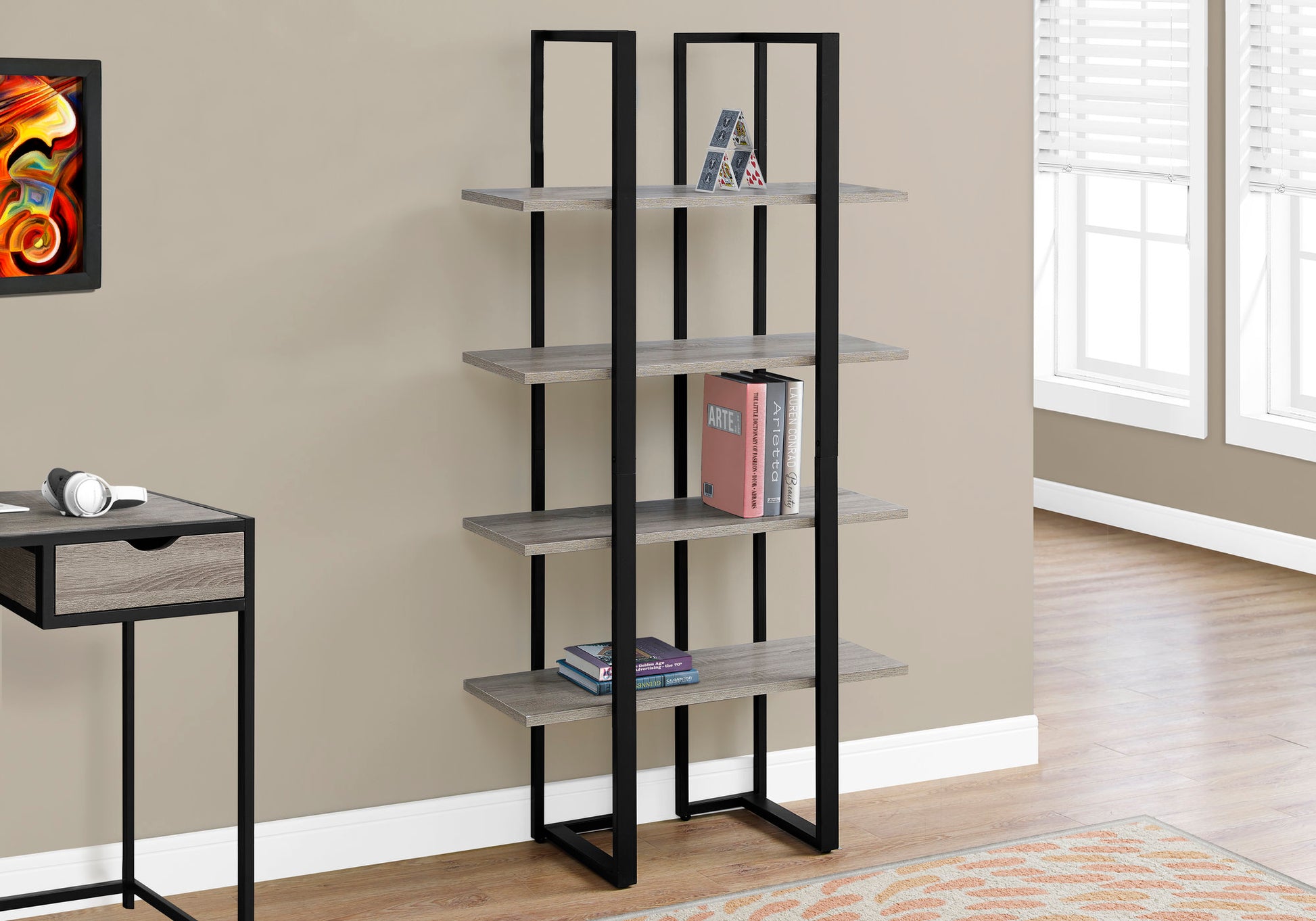 Bookshelf, Bookcase, Etagere, 4 Tier, 60"H, Office, Bedroom, Brown Laminate, Black Metal, Contemporary, Modern Taupe Mdf