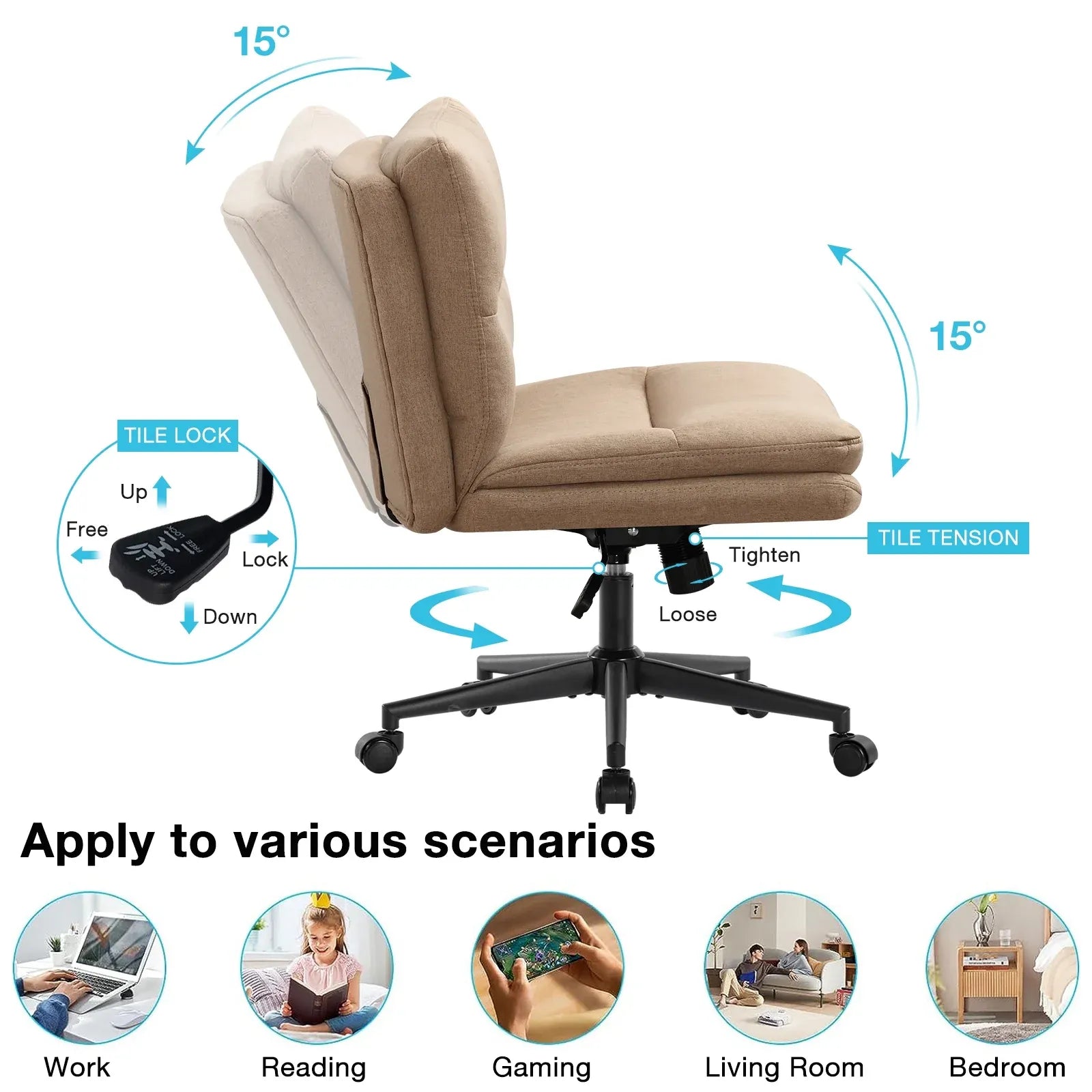 Office Chair Armless Criss Cross Legged Chair With Wheels, Comfy Home Office Desk Chairs, Adjustable Swivel Padded Fabric Vanity Task Computer Chair,Light Brown Wood Light Brown Cotton Office Chairs Handle Cotton Linen