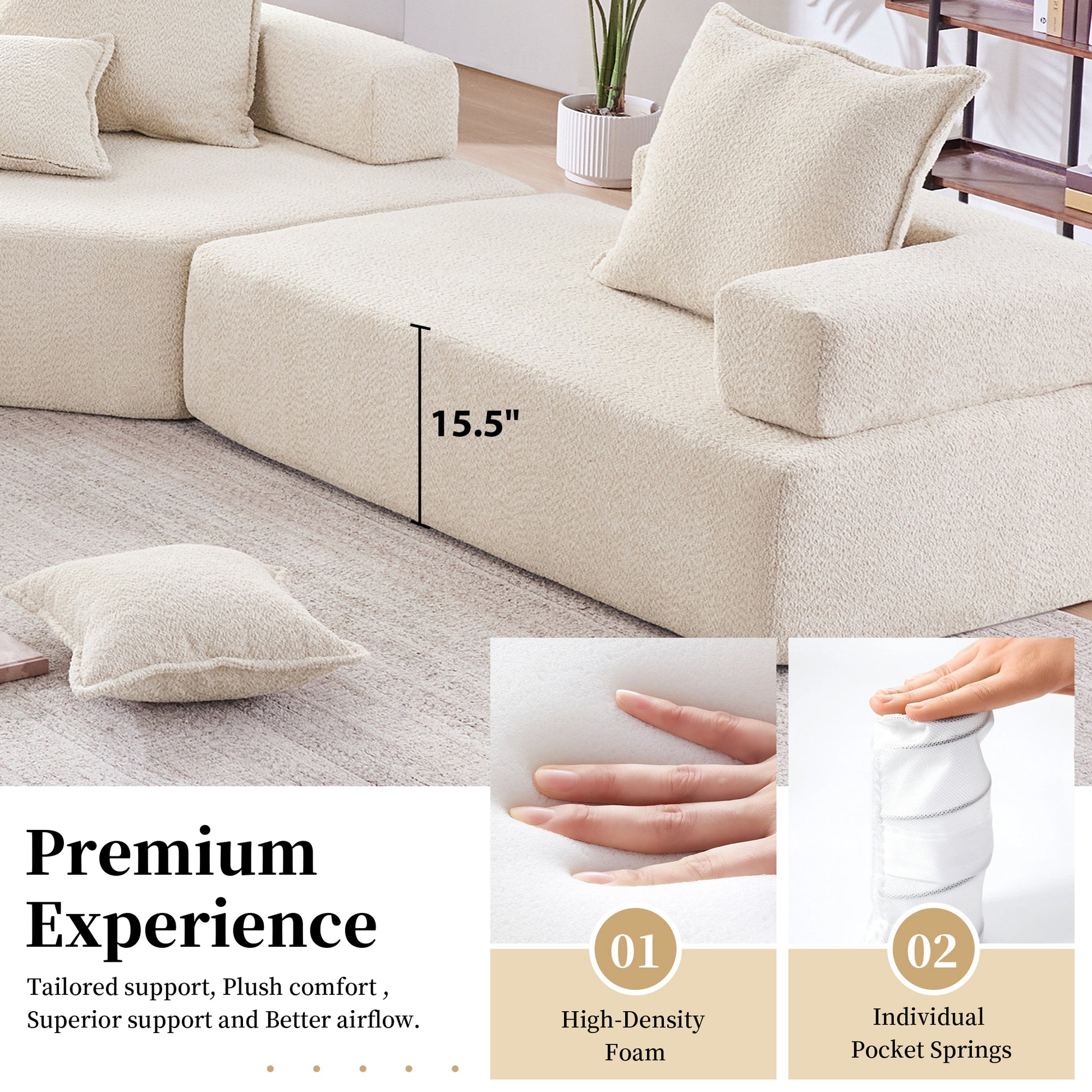 Loveseat Frame For Oversized Modular U Shaped Sectional Sofa,Luxury Boucle Floor Couch Set,Convertible Sleeper Couch,Spacious Foam Filled Sofa Bed For Living Room Beige Boucle 1 Seat