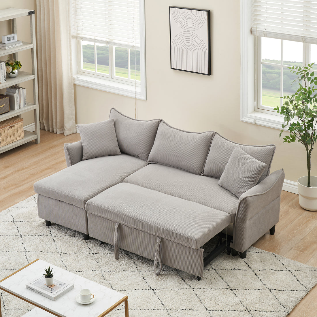 This 80 Inch Gray Corduroy L Shaped Sofa Comes With Two Small Throw Pillows That Can Be Converted Into A Sofa Bed For Storage Gray Corduroy 3 Seat