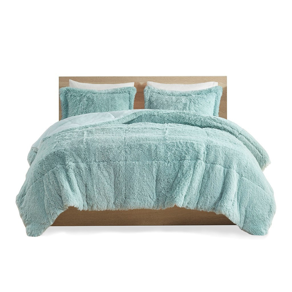 Shaggy Long Fur Comforter Mini Set Twin Blue Polyester