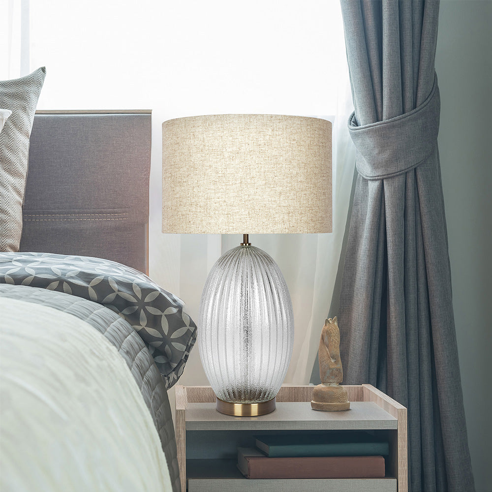 Aurora Ribbed Glass Lamp Base Clear Table Lamp Large Linen Shade Beige,Clear,Gold Table&Floor Lamps Glass,Linen,Metal