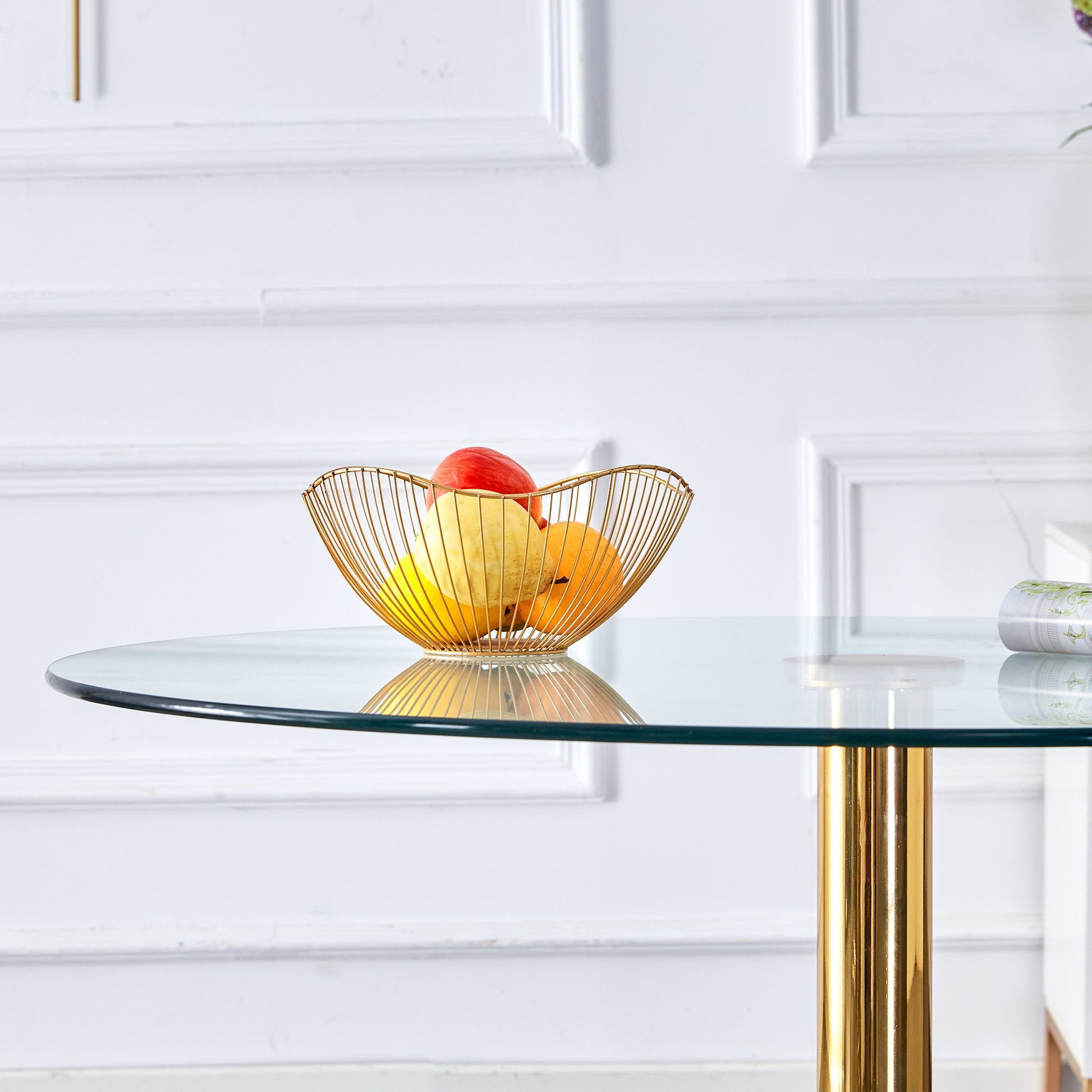 A 39.7 Inch Diameter Glass Top And A Modern, Minimalist Round Dining Table With Gold Metal Legs. Ideal For Dining Rooms, Living Rooms And Meeting Rooms. Model: Dt 1166 Gold Glass Metal