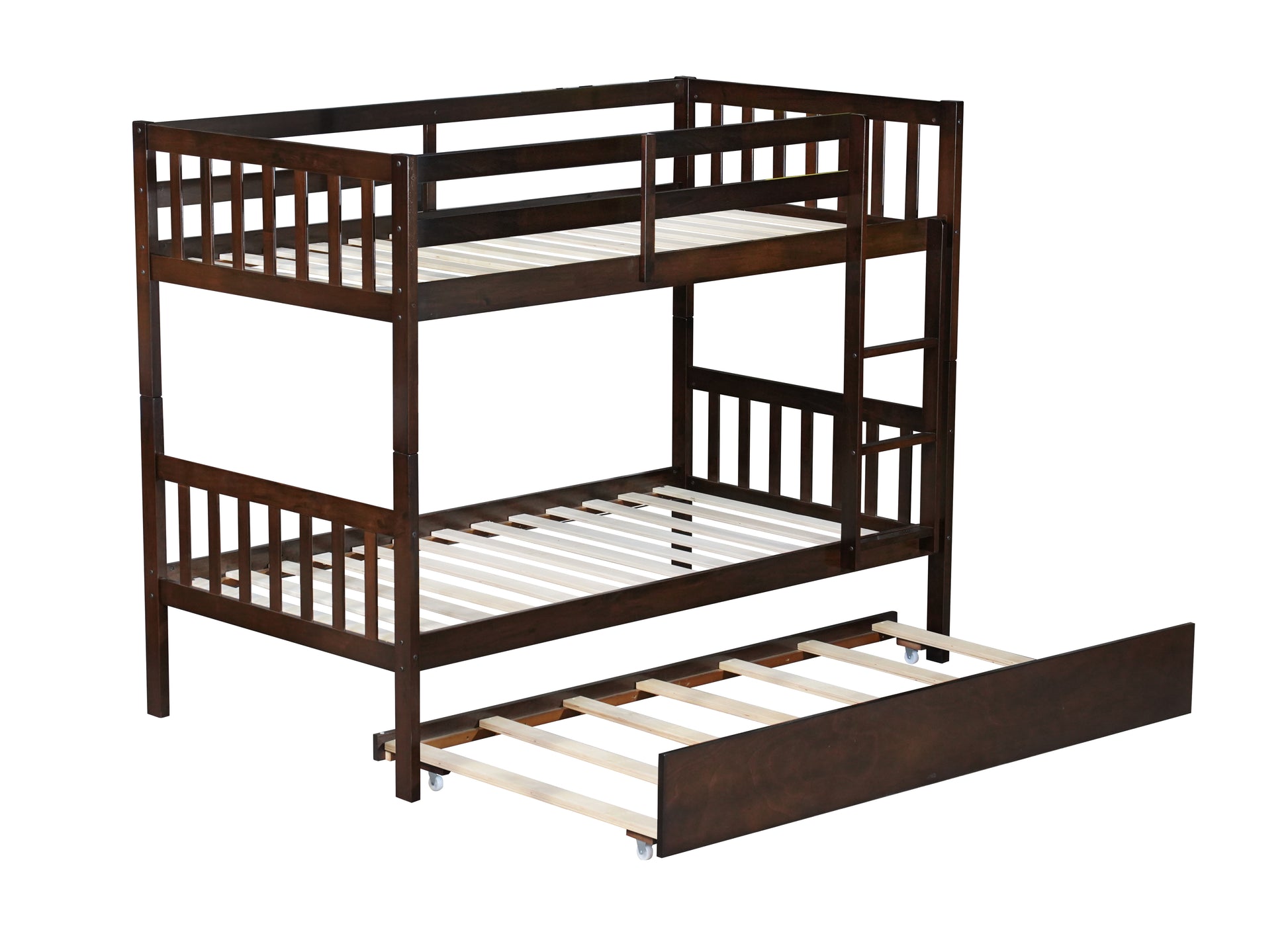 Twin Over Twin Rubber Wood Bunk Bed With Trundle, Convertible Into 2 Twin Size Beds, Twin Size Bunk Bed With Ladder And Safety Guardrails,Espresso Twin Espresso Rubber Wood