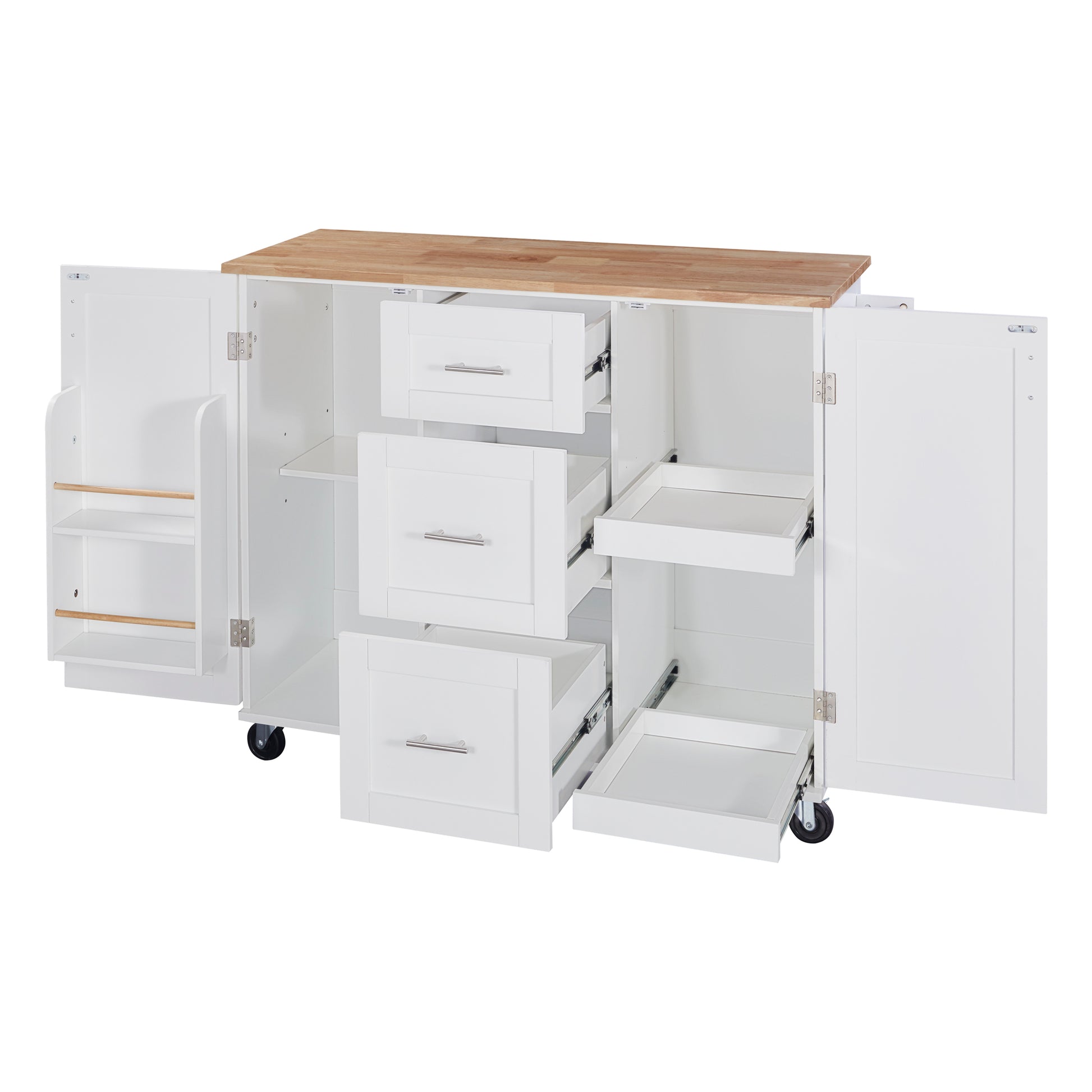 K&K Rolling Kitchen Island With Storage, Kitchen Cart With Rubber Wood Top, 3 Drawer, 2 Slide Out Shelf And Internal Storage Rack, Kitchen Island On Wheels With Spice Rack & Tower Rack, White White Kitchen Classic,European,Modern Rectangular Kitchen