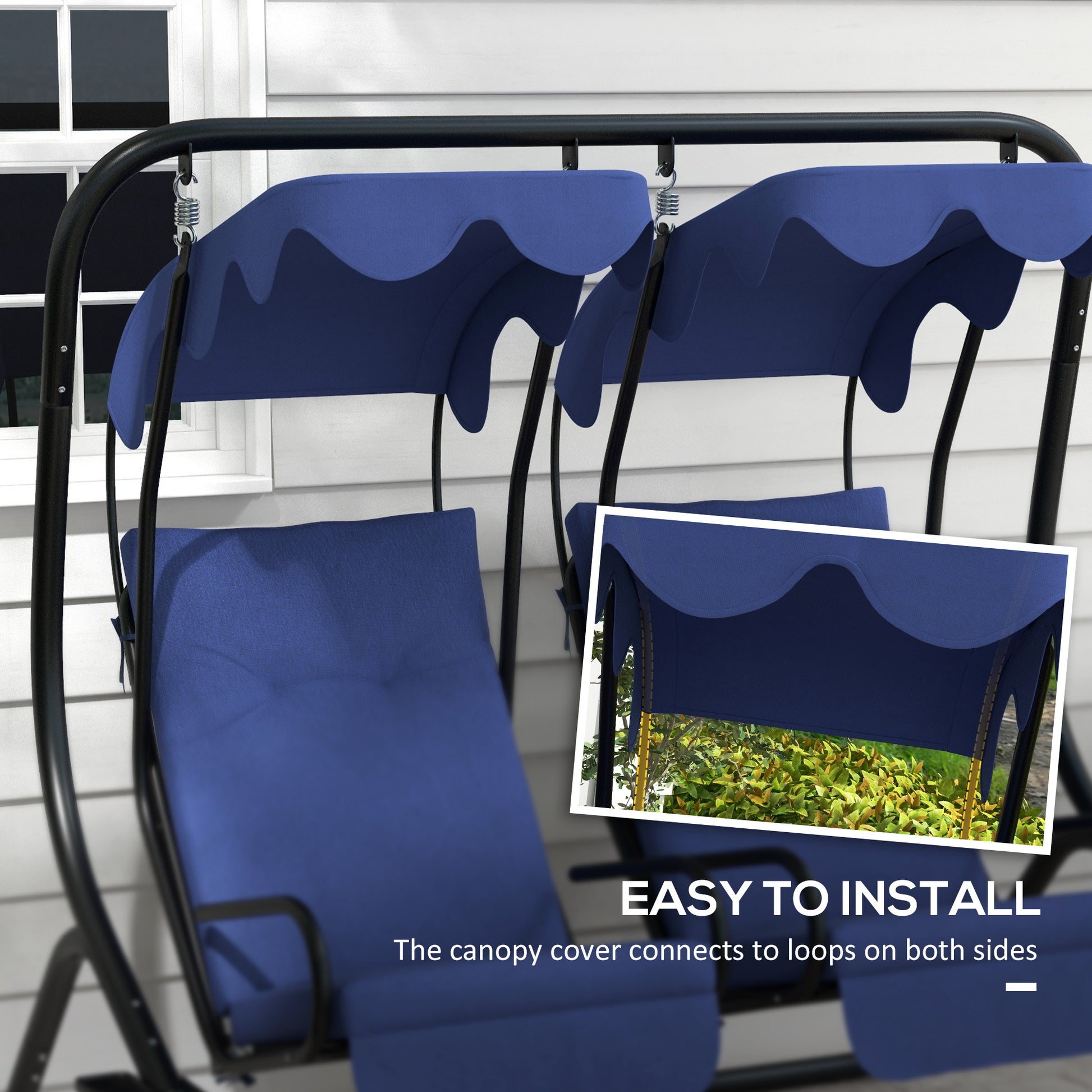 Outsunny 2 Seater Swing Canopy Replacement With Tubular Framework, Outdoor Swing Sunshade Top Cover Canopy Only , Dark Blue Dark Blue Polyester