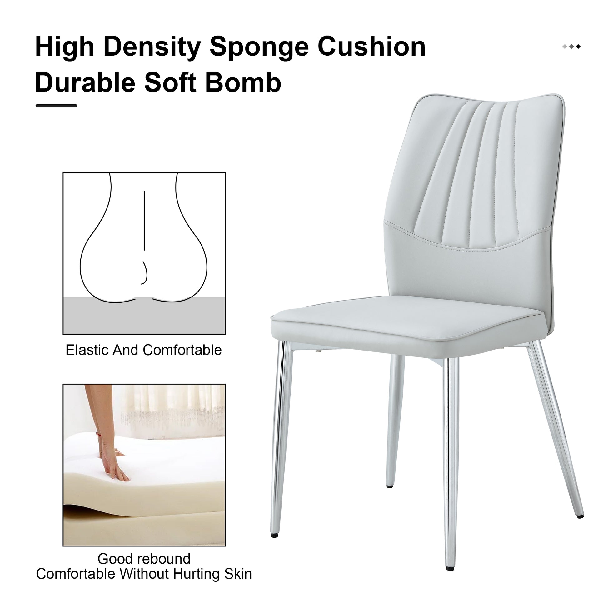 Table And Chair Set.Contemporary, Minimalist Rectangular Dining Table Featuring A Clear Tempered Glass Top And Sleek Silver Legs. Paried With Chairs Made Of Pu Material Cushion And Silver Metal Legs. Light Gray Seats 6 Glass Metal