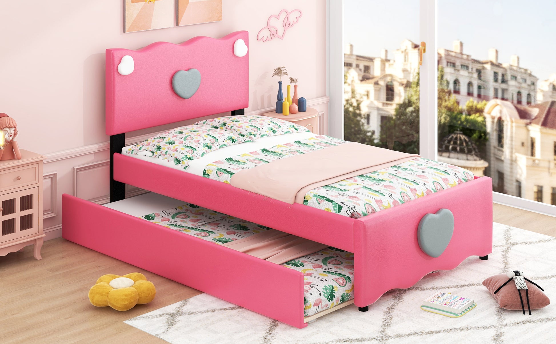 Twin Size Upholstered Platform Bed With Trundle And Heart Shaped Decoration, Dark Pink Box Spring Not Required Twin Dark Pink Wood Bedroom Bed Frame Faux Leather Upholstered