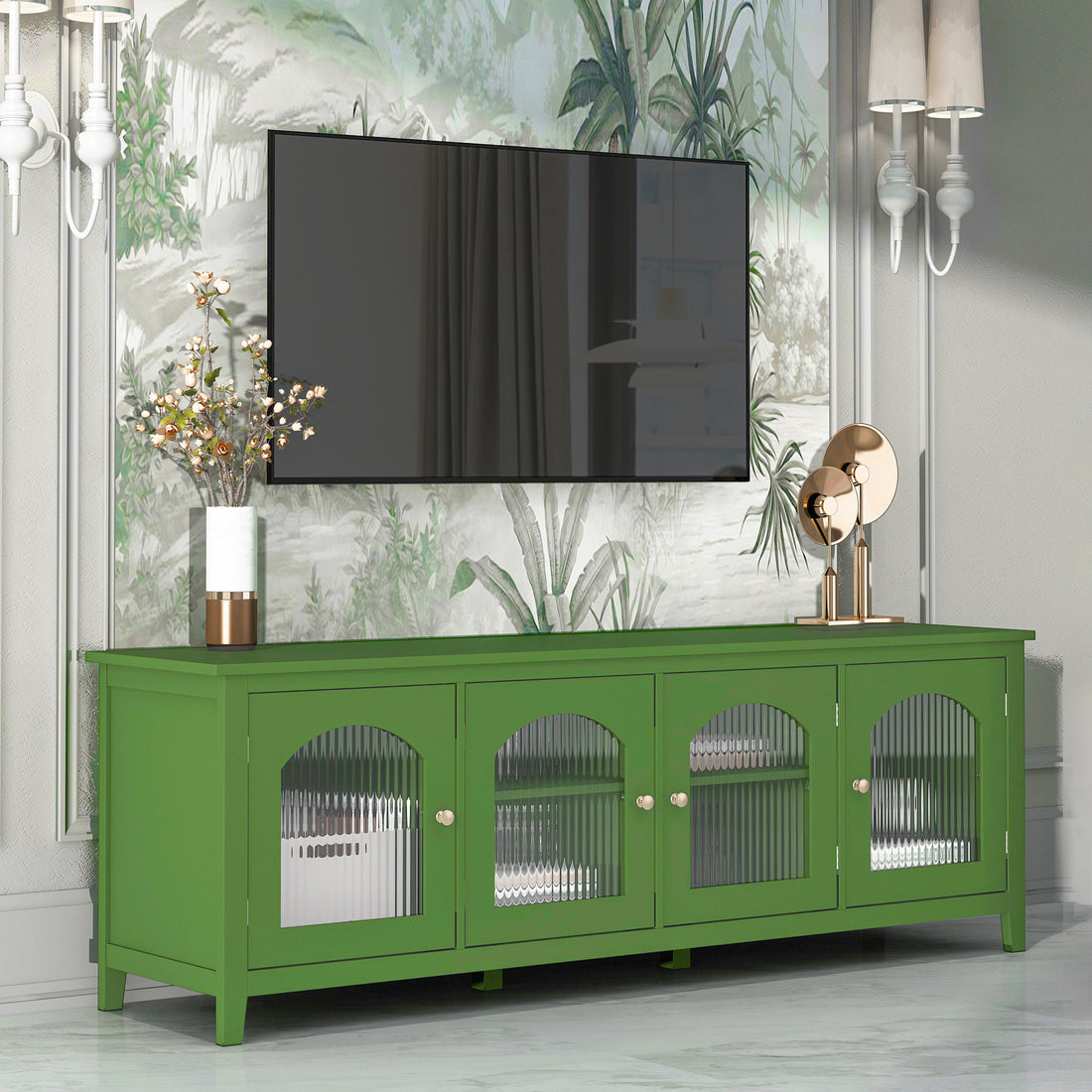 71 Inch Stylish Tv Cabinet,Entertainment Centertv Stand,Tvconsoletable, Media Console,Solidwood Frame,Changhong Glass Door,Metal Handle,Antique Green,For The Children'S Room,Bedroom Living Room Antique Green Primary Living Space 75 Inches 70 79 Inches