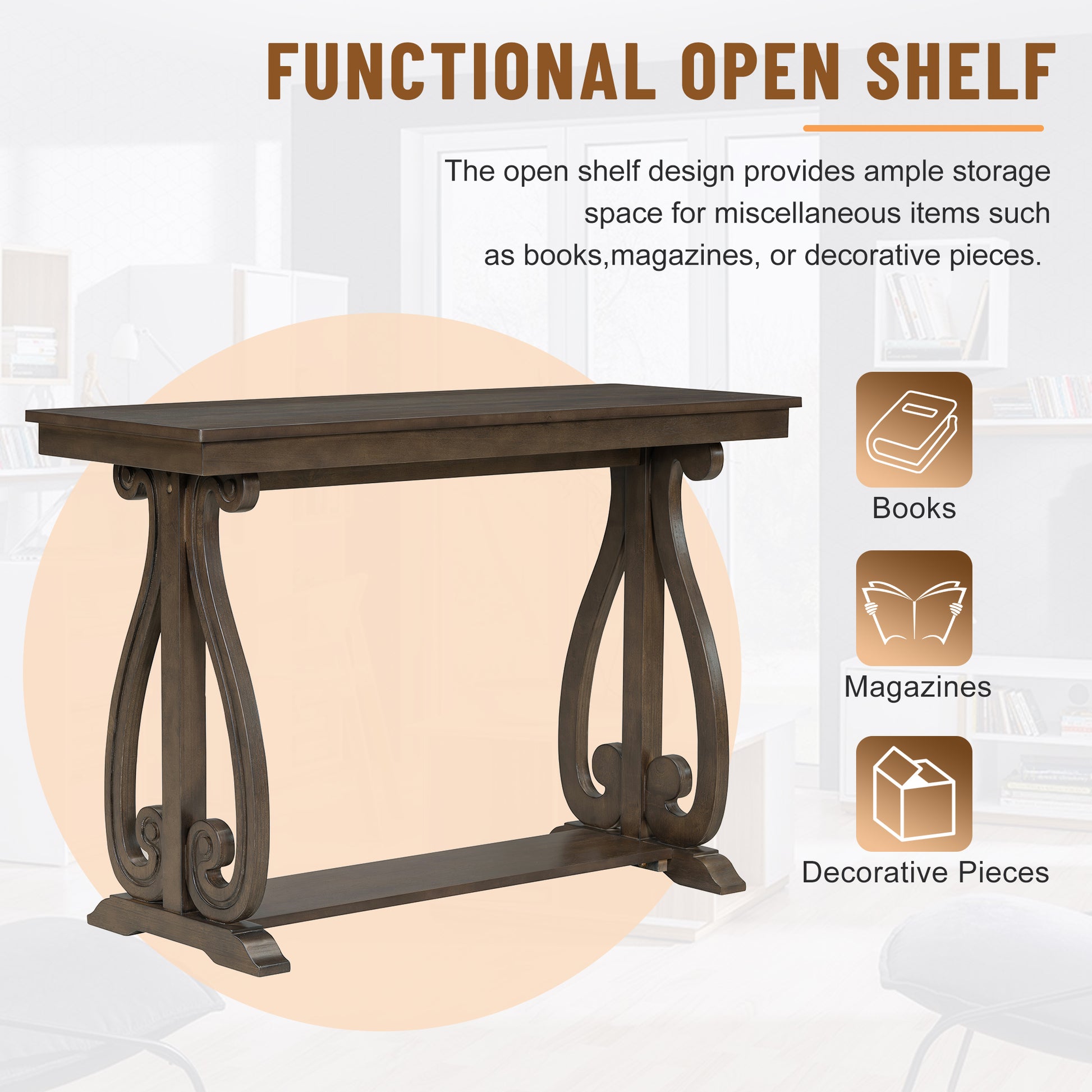 48 Inch Rustic Vintage Console Tablefarmhouse Style Entryway Table With Open Shelf And Sturdy Construction For Entryway And Living Room Walnut Walnut Distressed Finish Primary Living Space Antique,Rustic,Vintage Open Storage Console Tables Brushed