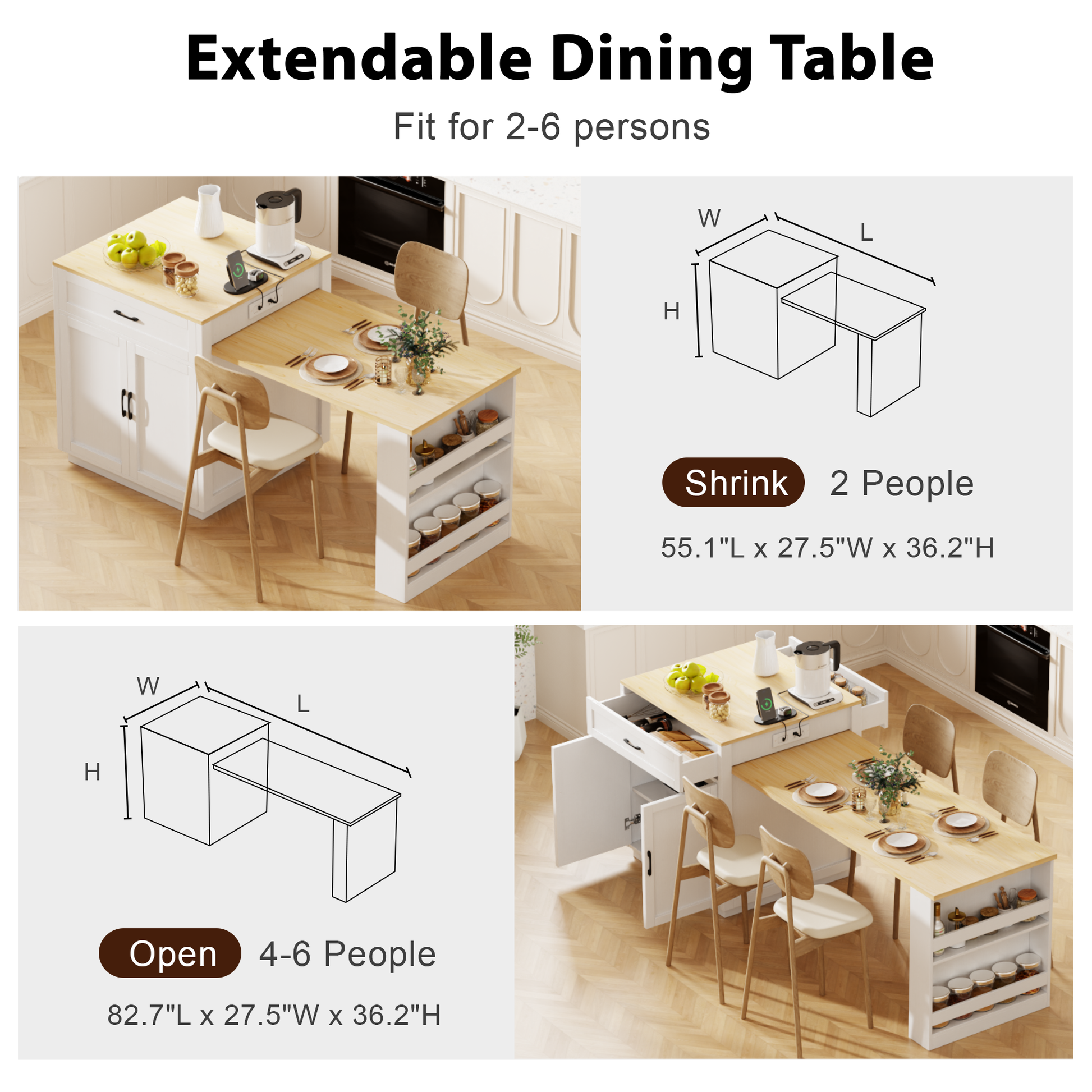 K&K 82.7 Inch Kitchen Island With Extendable Dining Table For 4 6 Person,Two Tone Kitchen Table With Double Sized Storage, Power Outlet, Kitchen Island With Storage 2 Drawers 2 Side Open