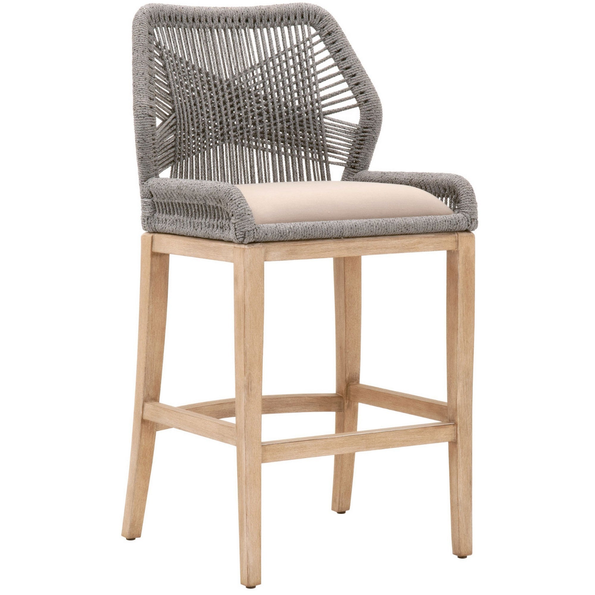 Counter Stool With Wooden Legs And Rope Back, Gray And Brown Grey Brown Wood Rope