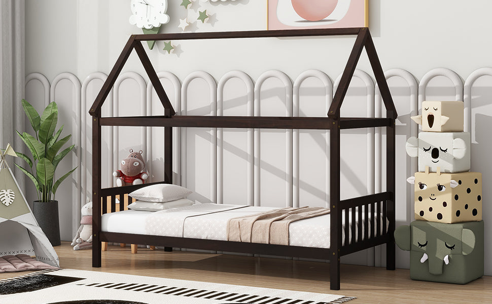 Twin House Bed With Headboard And Footboard, Twin Rubber Wood Bed With House Frame,Esspresso Twin Espresso Rubber Wood