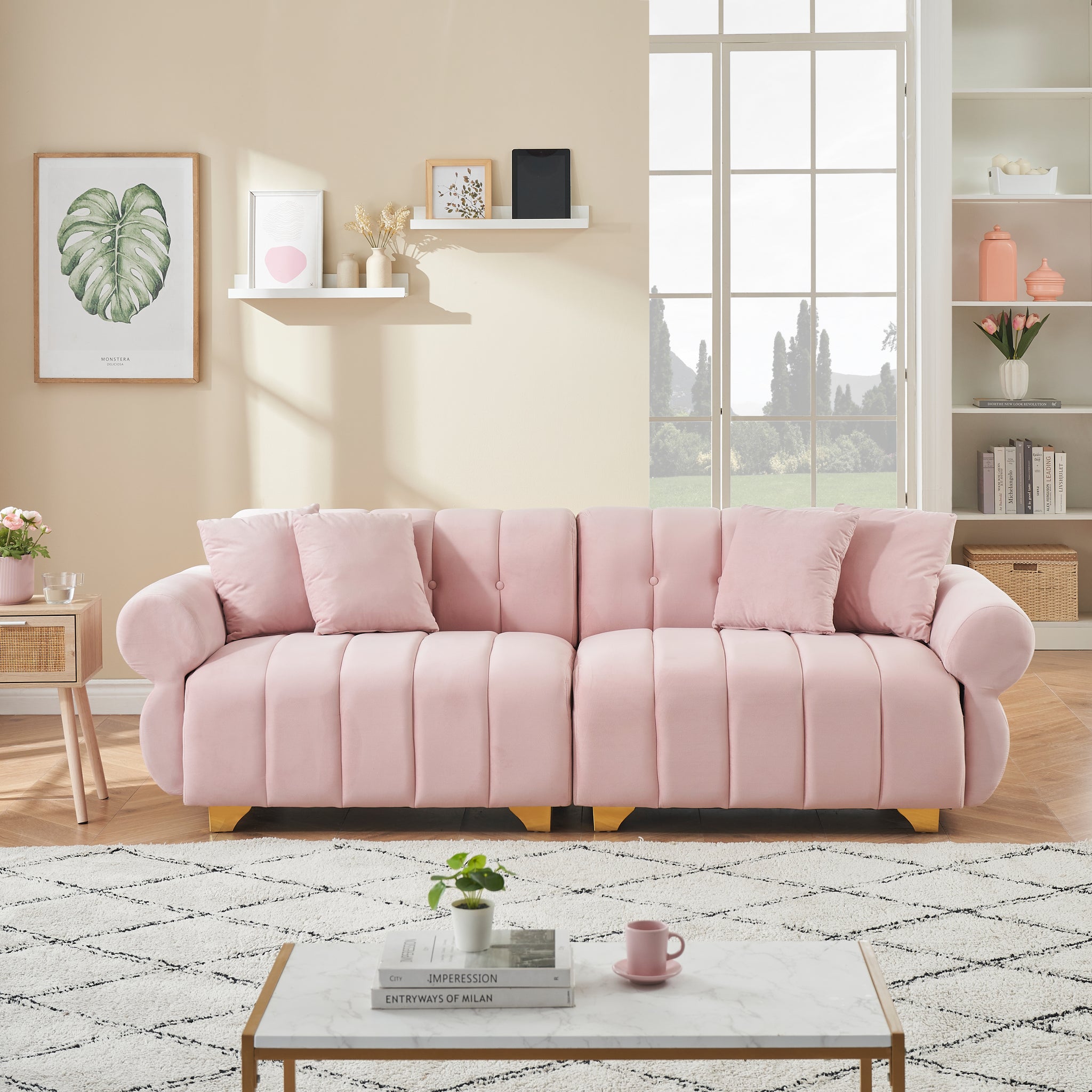 89 Inch Spring Wrapped Cushions, 3 Flannelette Sofas, Stylish Metal Feet And 4 Throw Pillows Make For A Modern Living Room Bedroom Pink Velvet 3 Seat