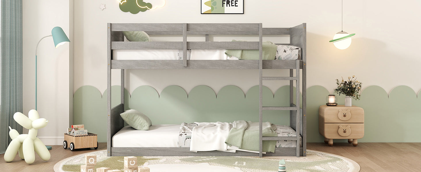 Twin Over Twin Floor Bunk Bed With Panelled Headboard And Footboard, Solid Rubber Wood Foundation With Safety Guardrails, Built In Ladder,Antique White Twin Antique White Rubber Wood