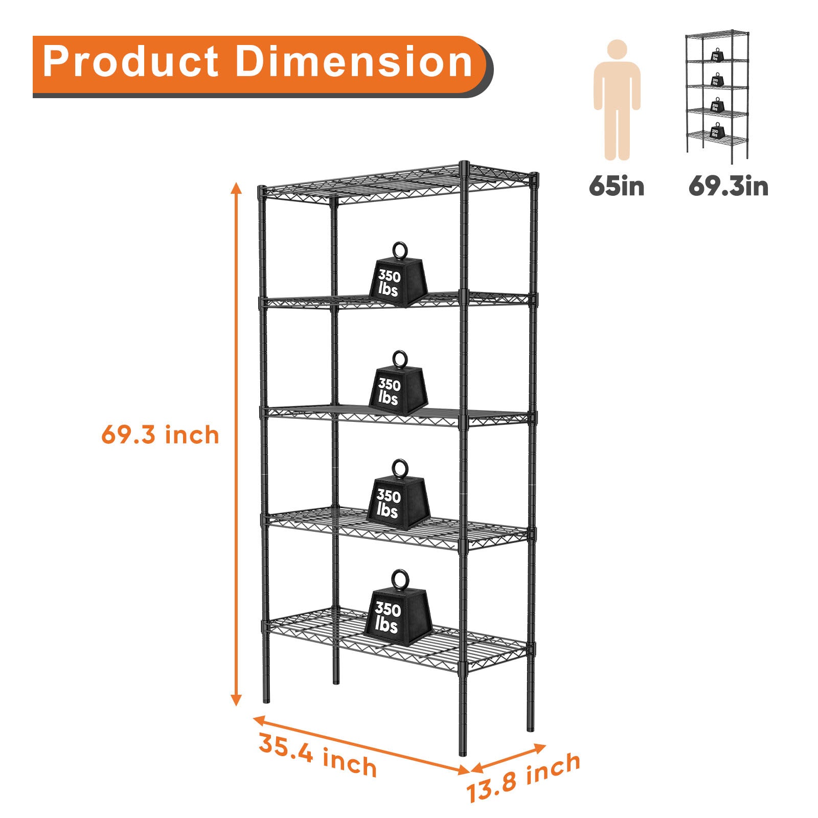 Storage Shelving Unit, Adjustable Metal Wire Racks Heavy Duty Standing Shelf Organizer For Kitchen, Closet, Pantry, Garage, Bathroom, Laundry,5 Tier Black Iron