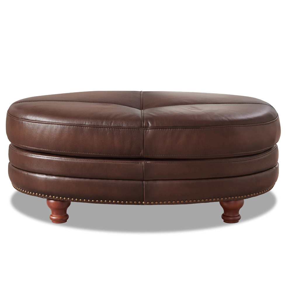 Belfast Leather Ottoman Wood Primary Living Space Solid Brown Eucalyptus Wood Nailhead Trim Brown Genuine Leather Genuine Leather Medium Firm Backless Mid Century Modern Oval Armless Memory Foam Leather