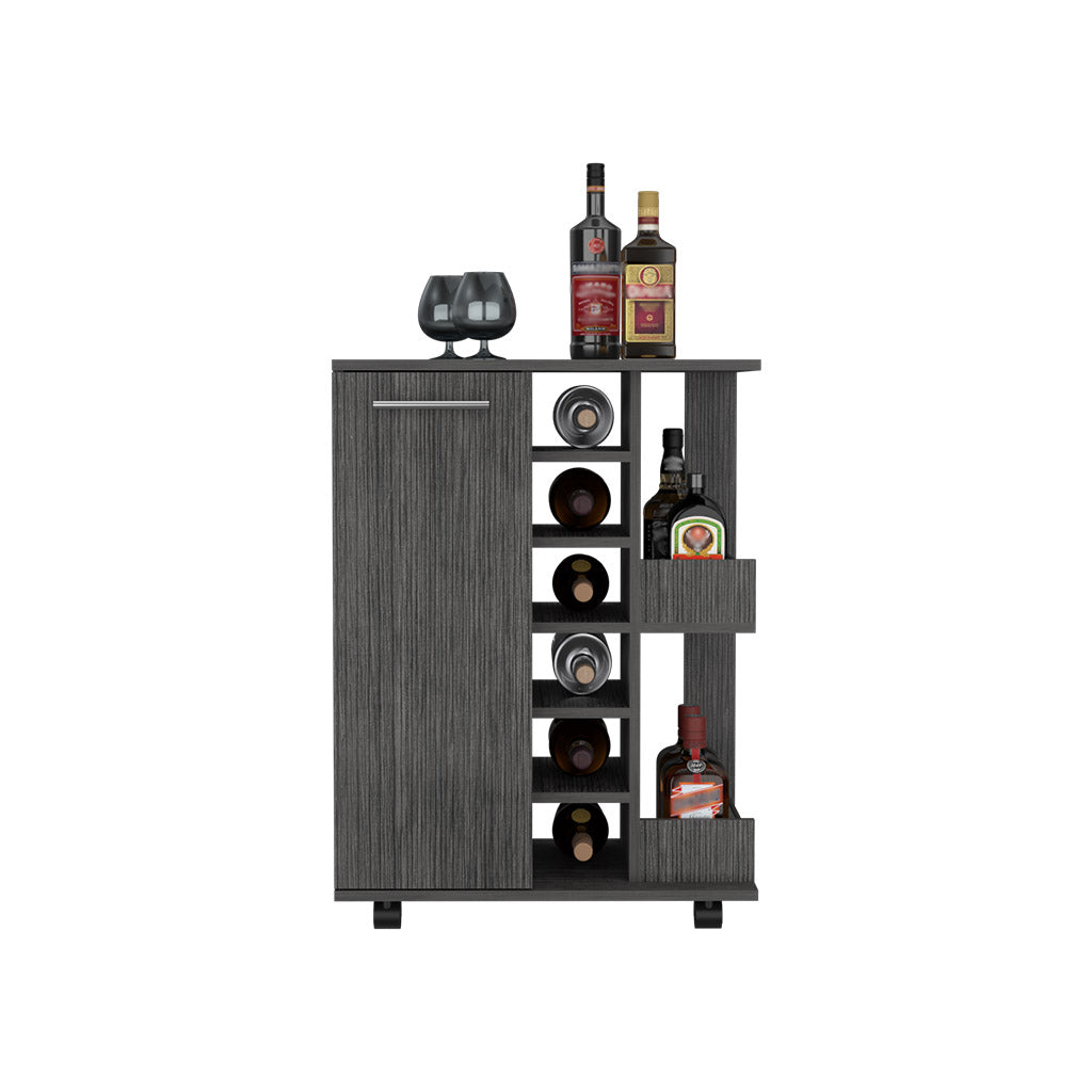 32" H Smokey Oak Bar Coffee Cart, Cabinet Storage, With 4 Wheels, 1 Divided Storage With 1 Shelf, 1 Folding Door, A Central Vertical Division For 6 Bottles And 2 Side Shelves With Aluminum Front