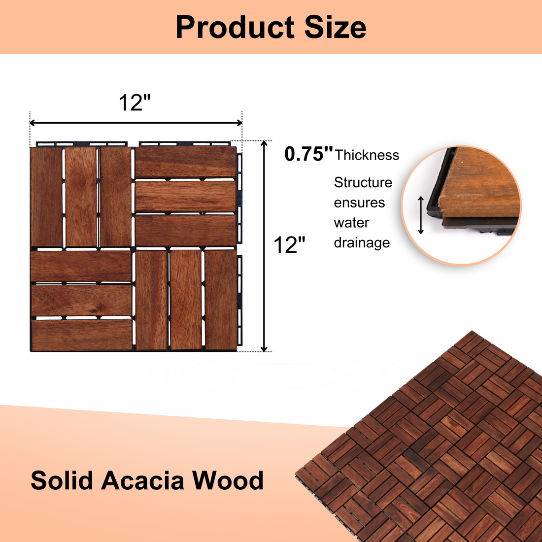 Acacia Wood Interlocking Deck Tiles Checker Pattern, 10Pcs 12" X 12" Square Brown Acacia Hardwood Outdoor Flooring For Patio, Bancony, Pool Side,.. Brown Garden & Outdoor Acacia Wood