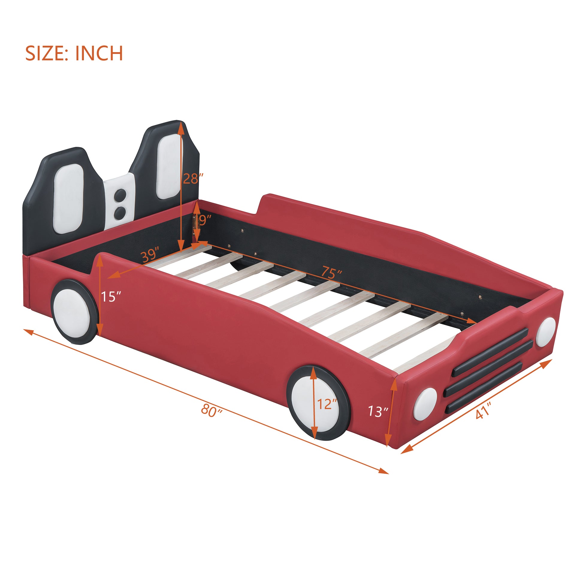 Twin Size Race Car Shaped Platform Bed With Wheels,Red Red Pu Leather