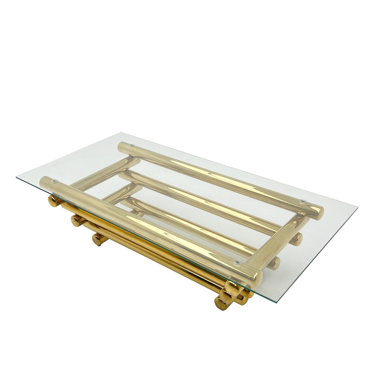 55" Rectangle Modern Stainless Steel Coffee Table, Clear Tempered Glass Table Top, Living Room Table, With Modern Style, Gold Clear,Gold Modern Open Storage Rectangular Stainless Steel,Tempered