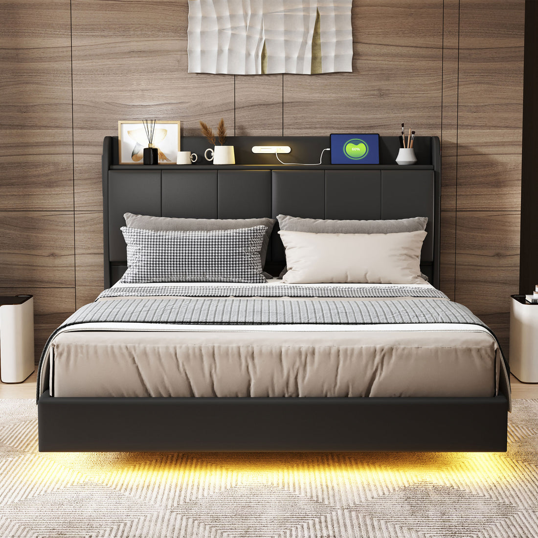 Queen Size Floating Bed Frame With Storage Headboard, Modern Upholstered Platform Bed With Touch Sensor Night Light And Usb Charger, Black Queen Black Bed Frame Wood