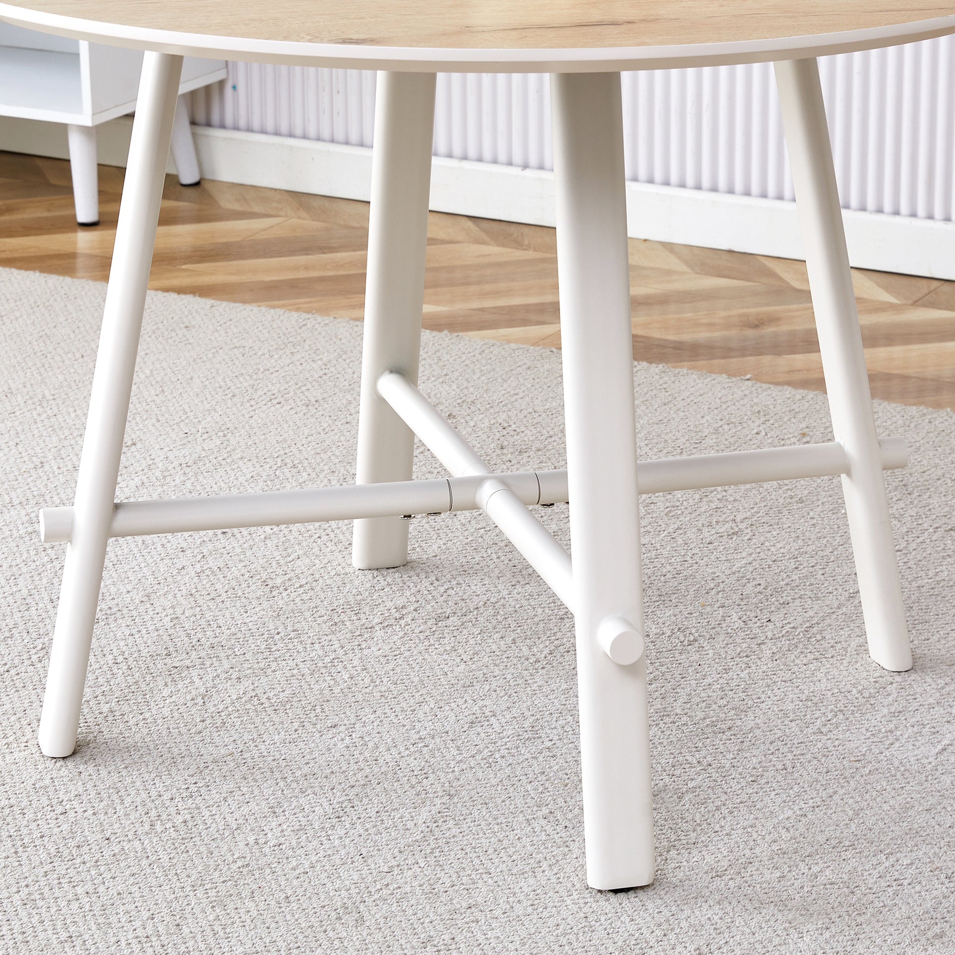 A Modern And Minimalist Circular Dining Table With A 42 Inch Diameter Wood Colorer Patterned Tabletop And White Metal Legs. Suitable For Restaurants, Living Rooms, And Conference Rooms. Brown White Mdf Metal