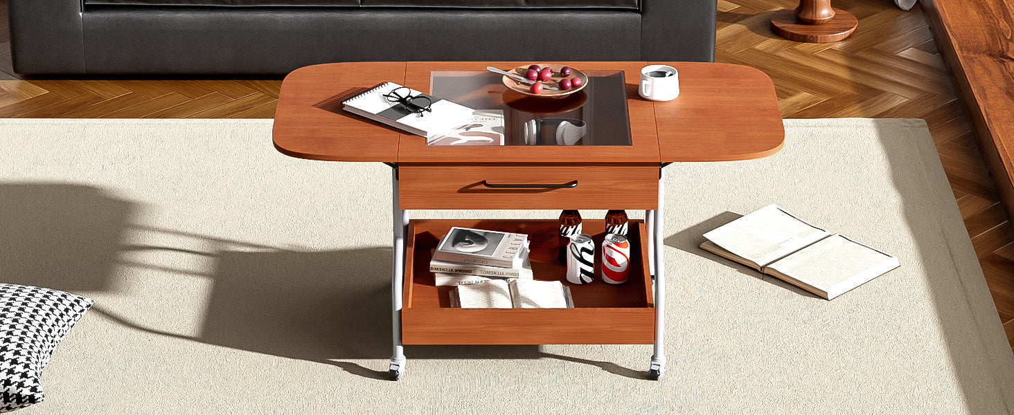 Modern Extended Coffee Table With Wheels, Folding Coffee Table With 1 Drawer And 2 Tier Storage, Metal Frame Coffee Table For Living Room Mahogany Glass,Mdf Metal