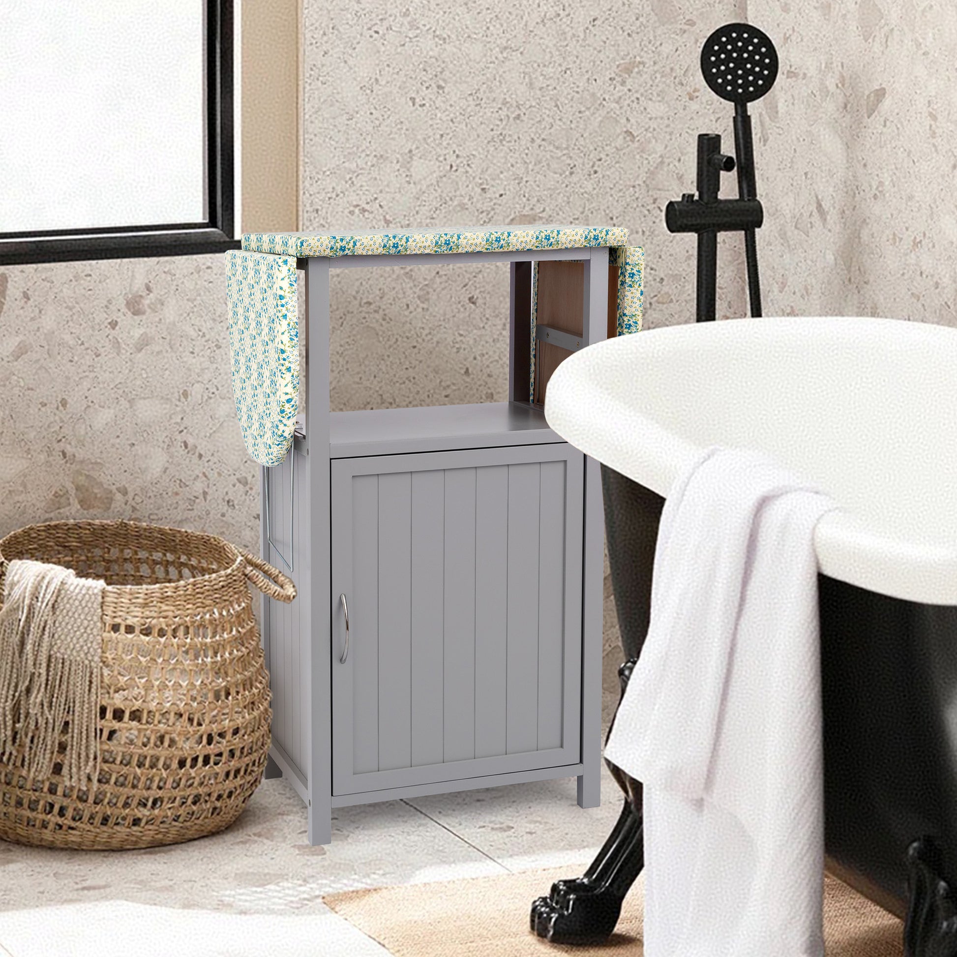 Ironing Board With Storage Cabinet Standard 1 2 Shelves Painted Or Hand Painted Brown Grey Gray Shelves Included American Design Fir Solid Wood Mdf