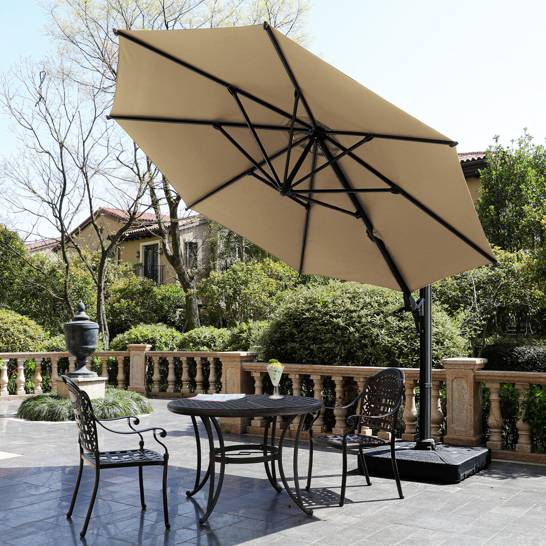 11 Ft Cantilever Patio Umbrella, Round Outdoor Offset Umbrella With 360 Rotation & Tilt Adjustment Without Base Khaki Khaki Fabric