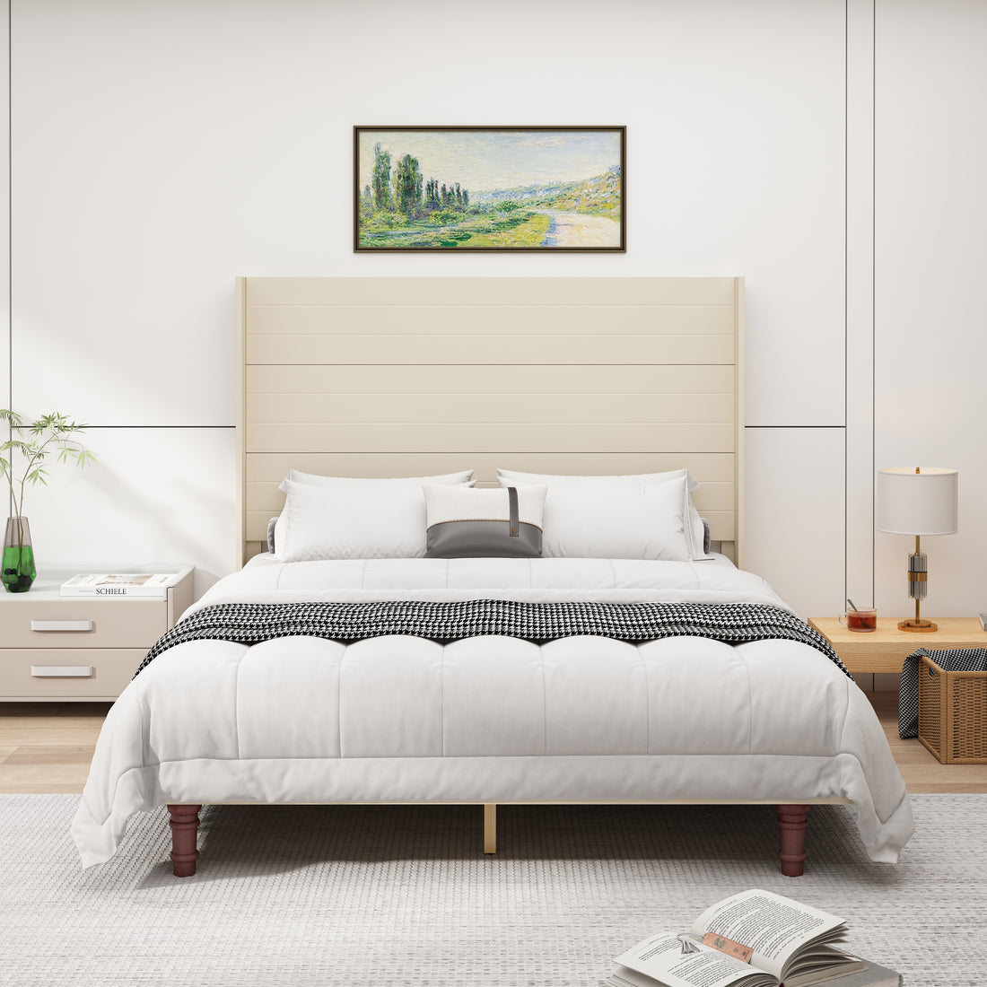 Stylish High Headboard Bed, 54 "High Headboard, High Quality, Comfortable High Back Design Ideal For Reading Or Relaxing, Queen Size, Beige Box Spring Not Required Beige Mdf