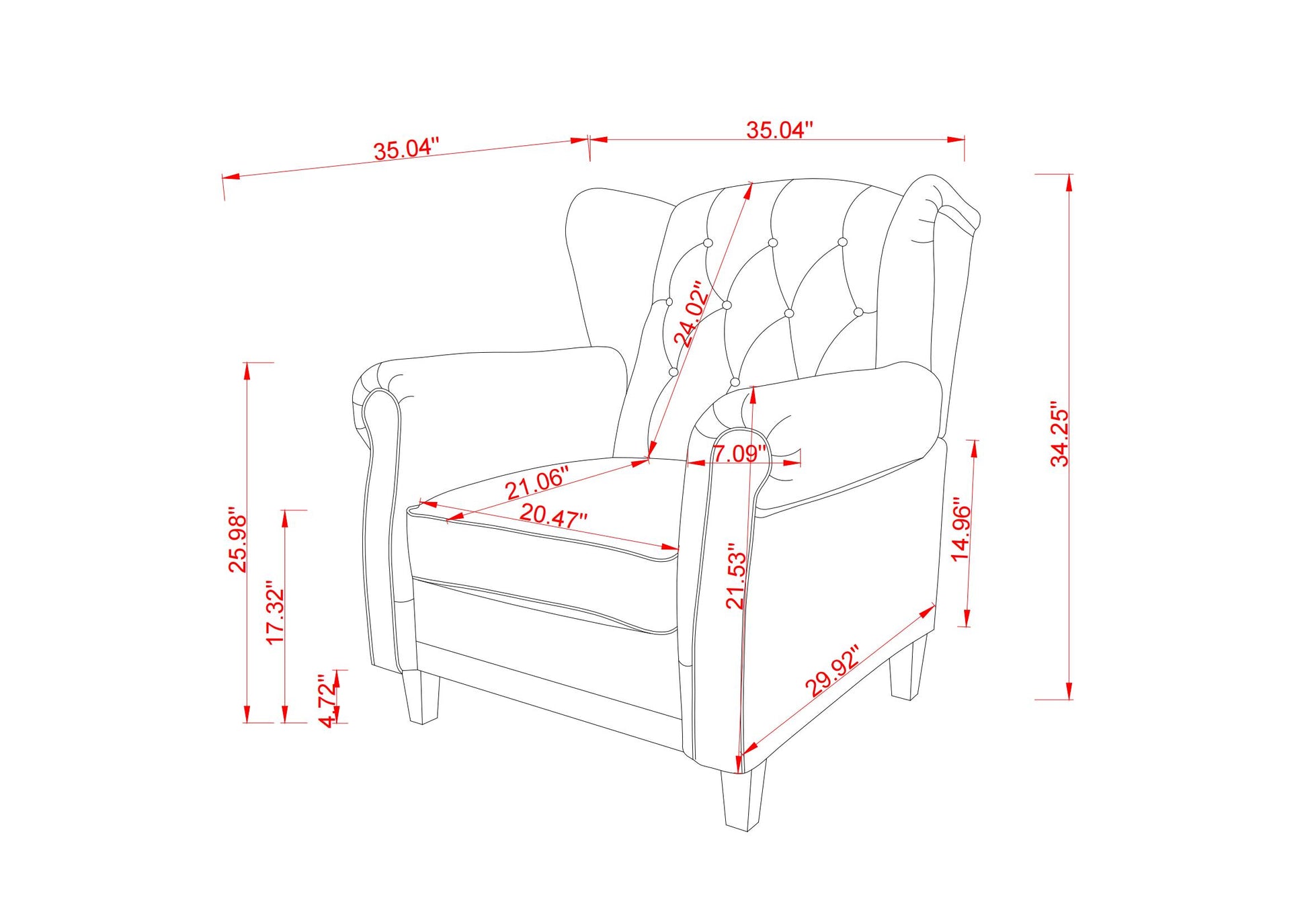 Modern Tufted Push Back Armchair Technical Leather Chair, Adjustable Single Sofa Chair With Sturdy Wood Legs For Bedroom, Living Room, Small Space Color:Orange Orange Mid Century Modern Foam