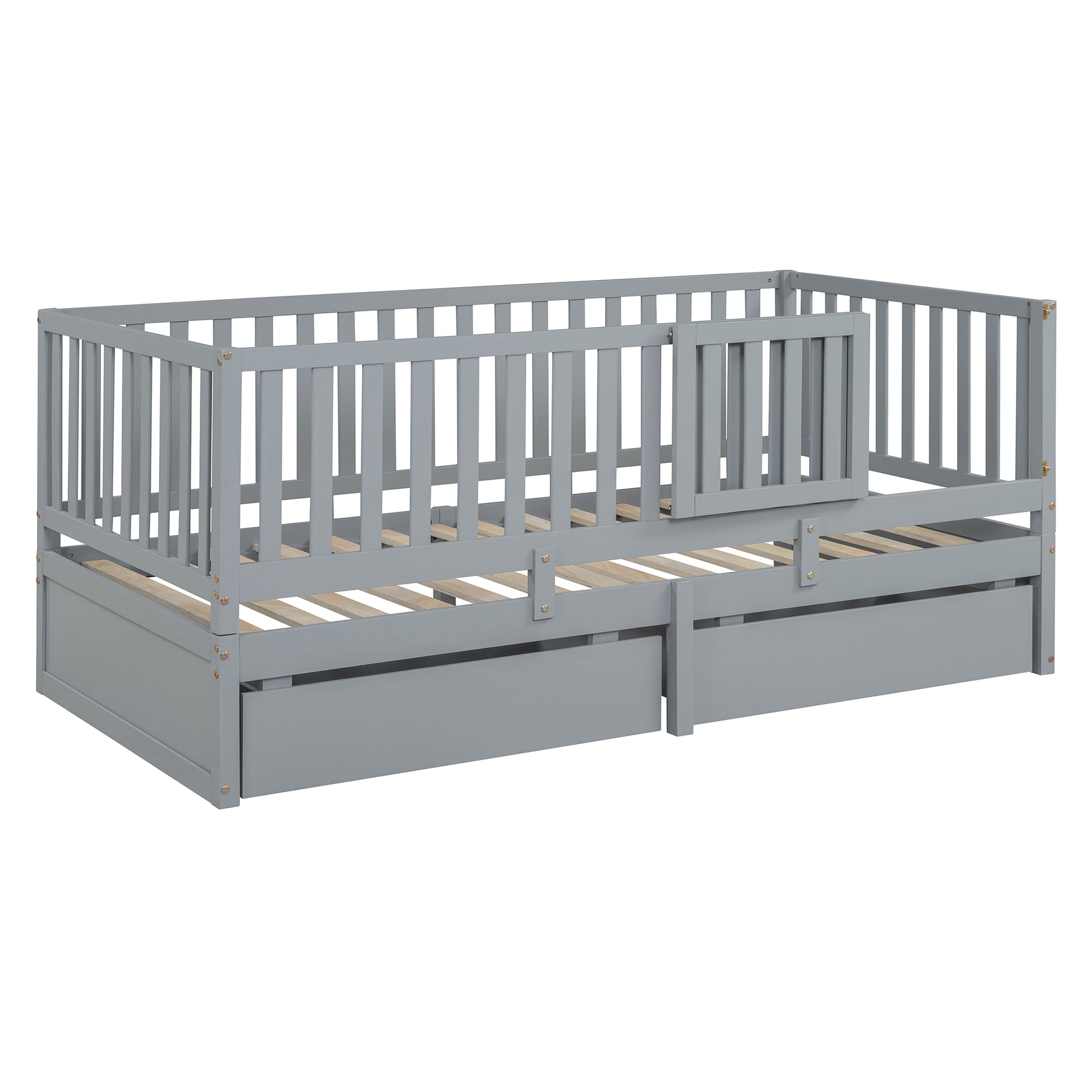 Twin Size Wood Daybed With Fence Guardrails And 2 Drawers, Split Into Independent Floor Bed & Daybed, Gray Old Sku :Lp000881Aae Twin Gray Solid Wood Mdf