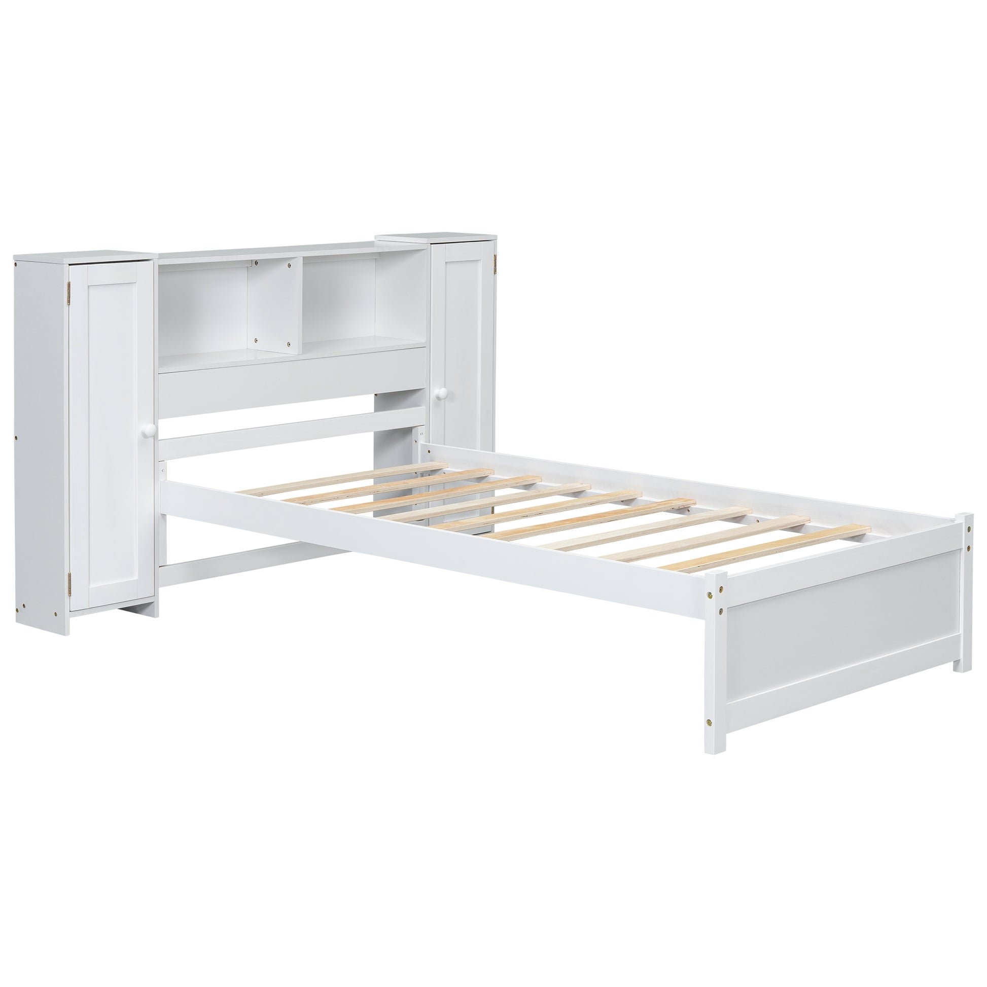 Twin Size Platform Bed With Storage Headboard And Lockers, White Twin Box Spring Not Required White Wood Bedroom Solid Wood Mdf