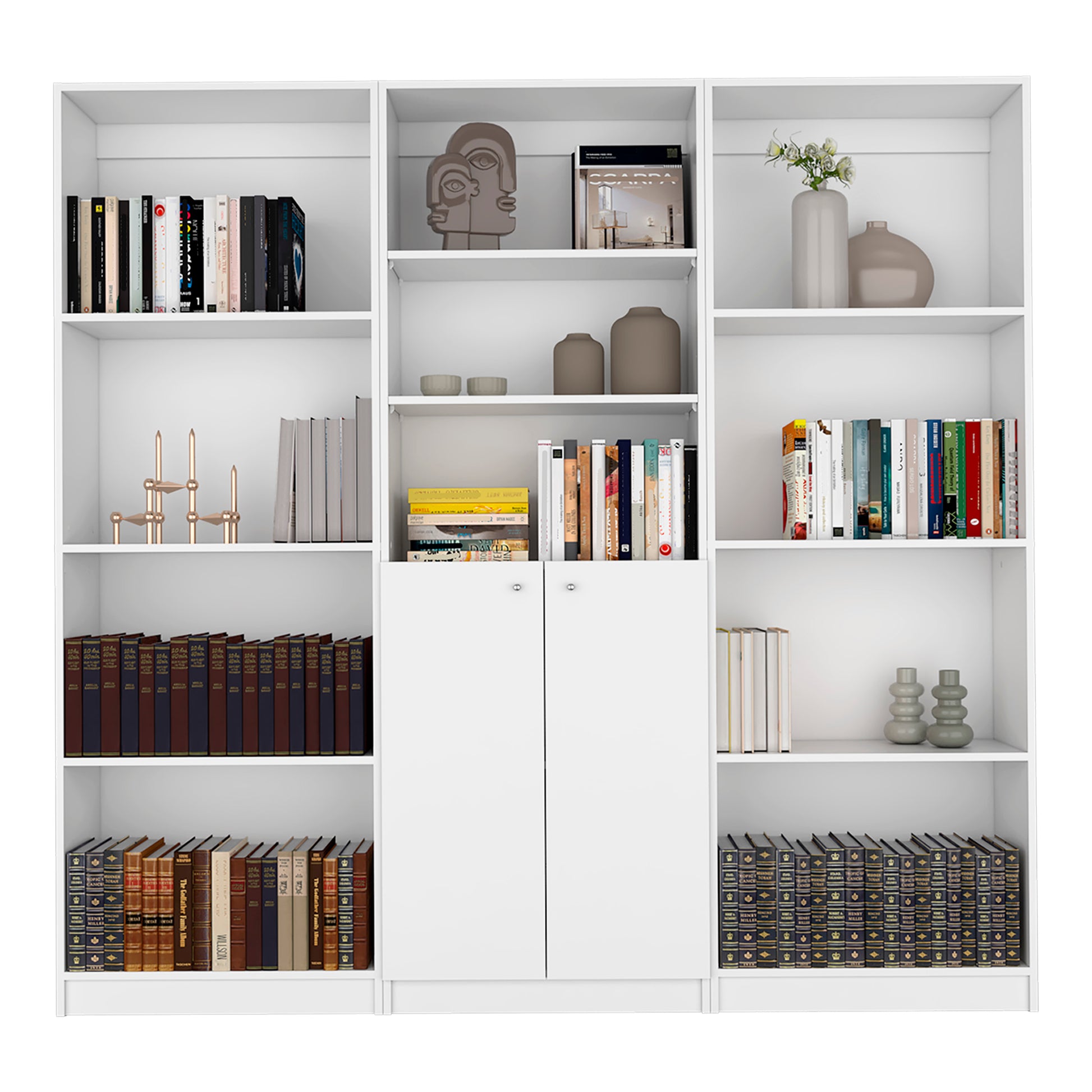 Duette 3 Piece Home Bookcase Set, 74" Wide With 11 Shelves And 2 Door Cabinetliving Room Set White Freestanding 5 Or More Shelves White Office Open Storage Space Modern Particle Board