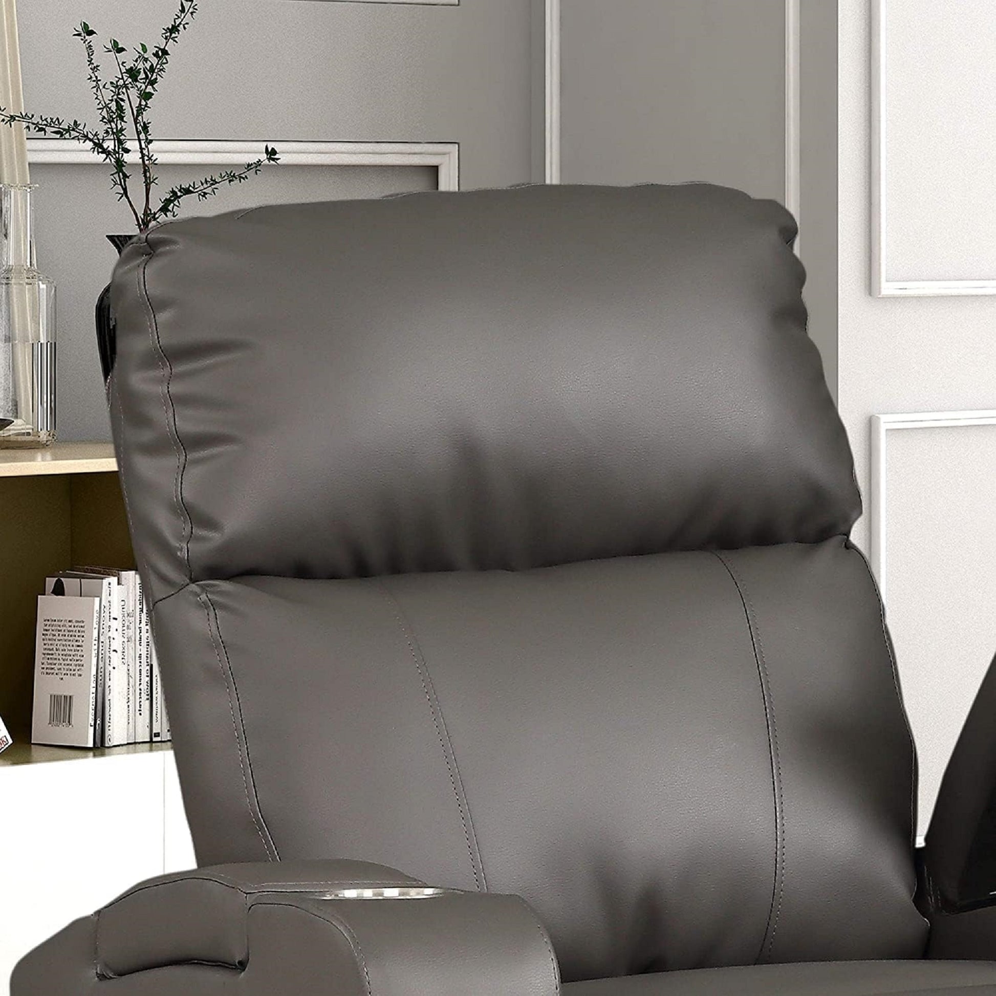 1Pc Modern Power Recliner Glued Solid Wood Frame Heavy Duty Steel Rail Upholstered Faux Leather Fabric Single Stitching Two Cup Holders Grey Color Grey Faux Leather Wood Primary Living Space Cushion Back Contemporary,Modern Foam Faux Leather